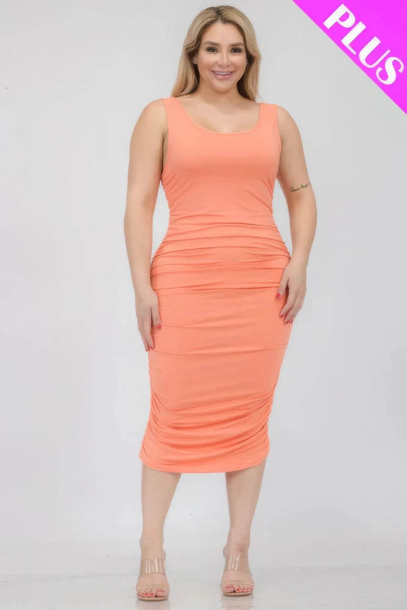 Plus Size Square Neck Ruched Bodycon Midi Dress - Bona Fide Fashion