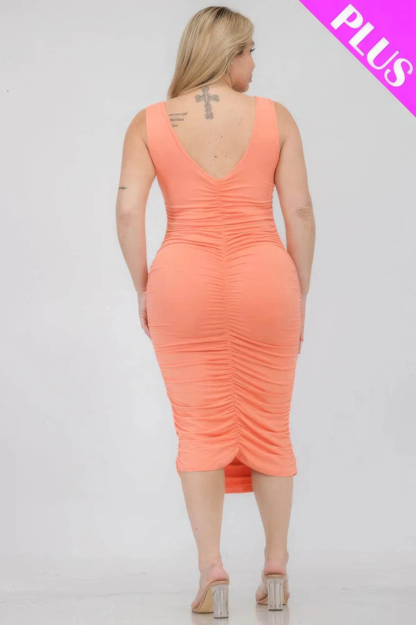 Plus Size Square Neck Ruched Bodycon Midi Dress - Bona Fide Fashion