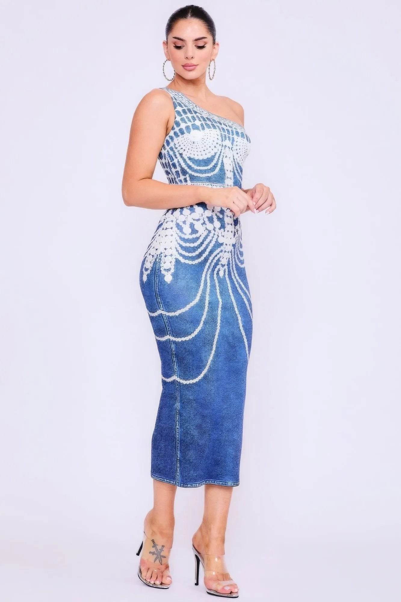 One Shoulder Denim Print Dress - Bona Fide Fashion