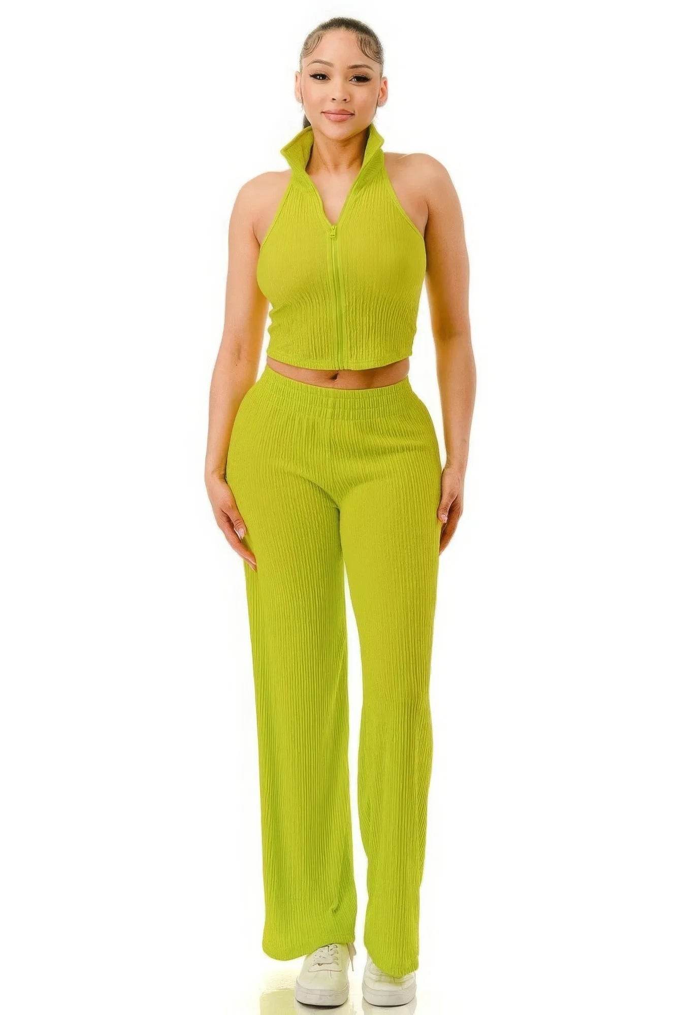 Crinkle Wide Pants Set Zipper - Bona Fide Fashion