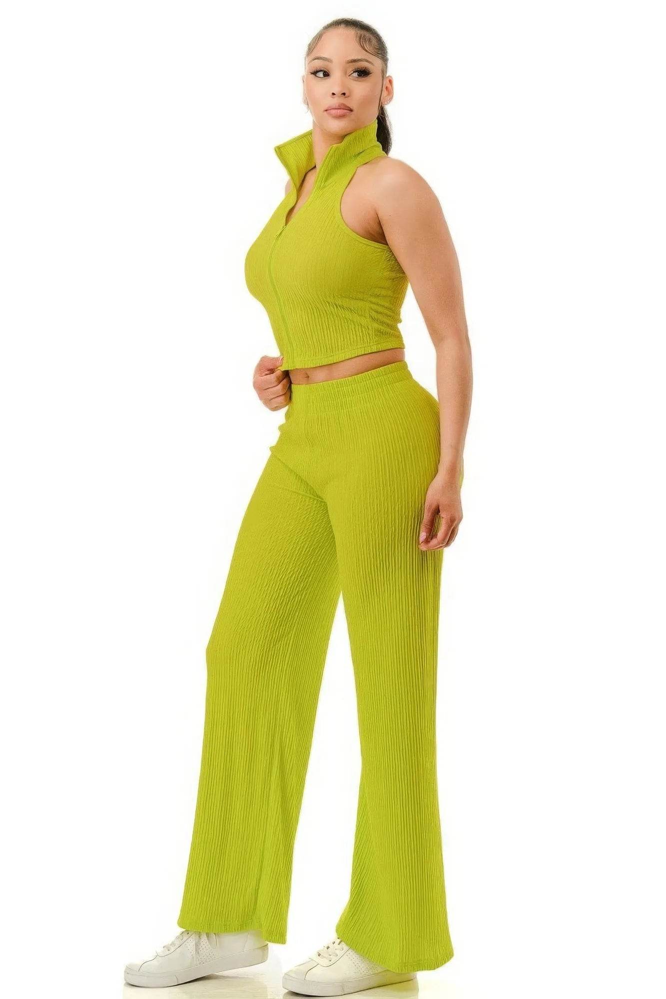 Crinkle Wide Pants Set Zipper - Bona Fide Fashion