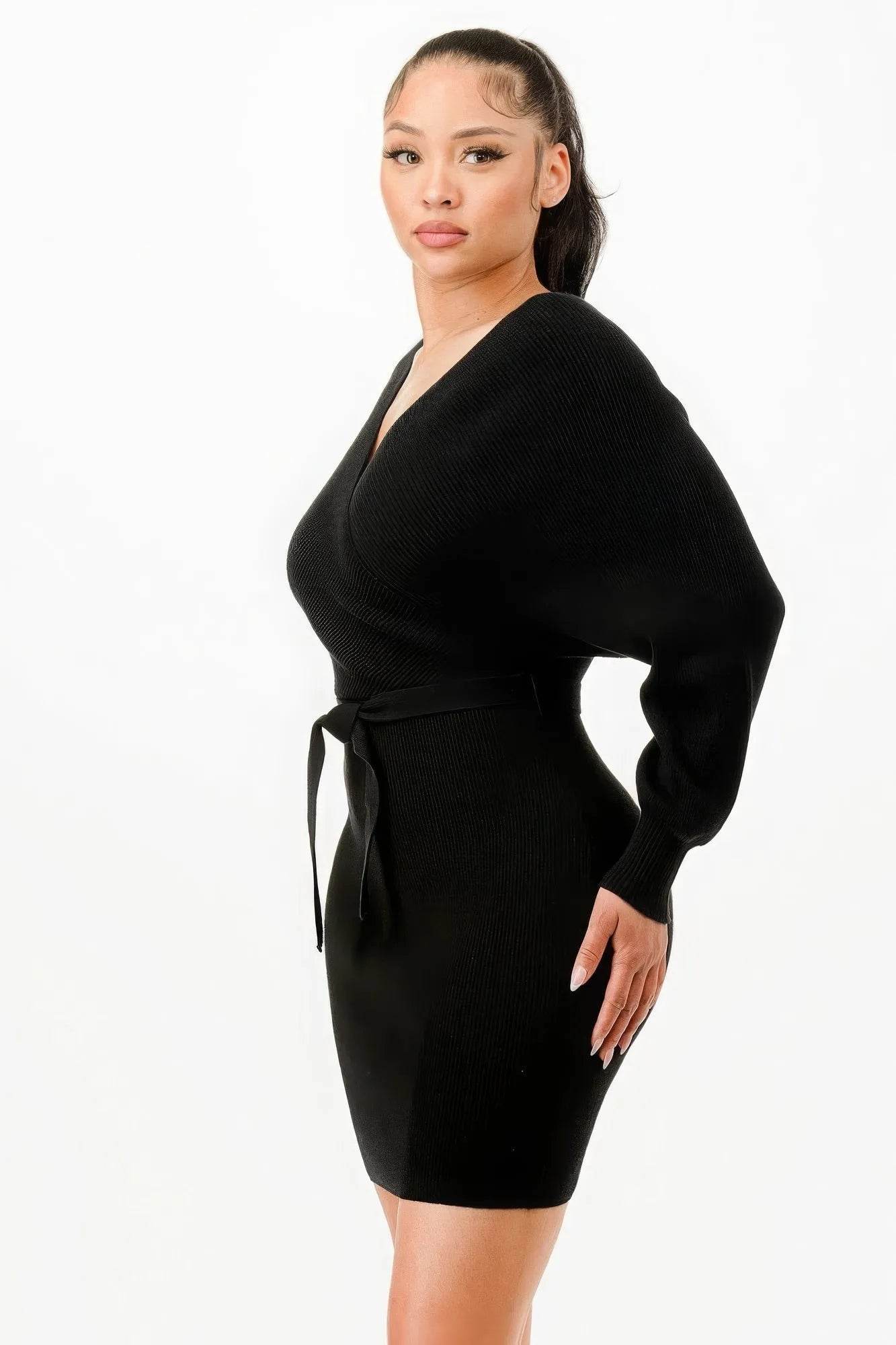 Off Shoulder Wrap Belted Ribbed Sweather Dress - Bona Fide Fashion