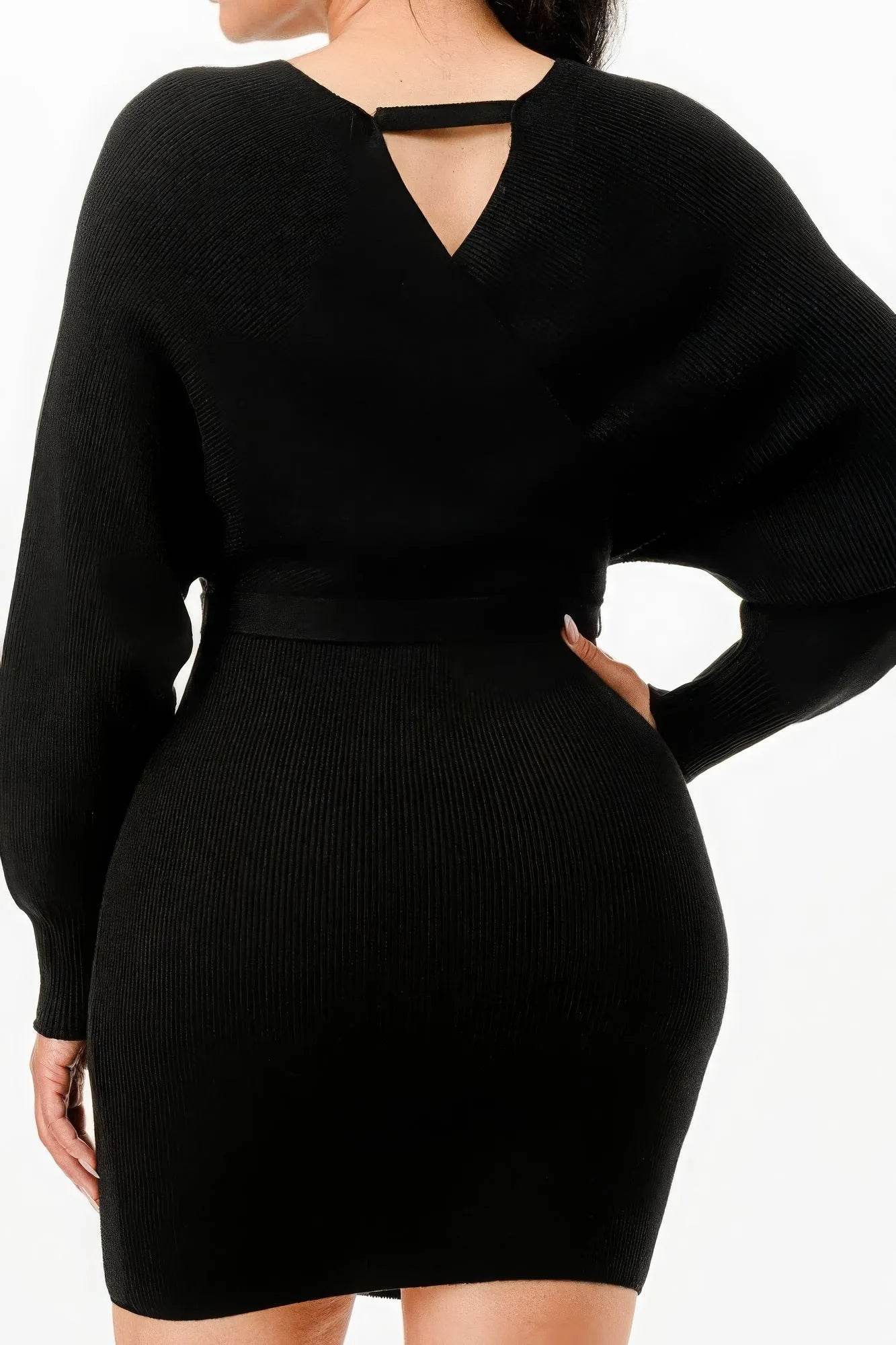 Off Shoulder Wrap Belted Ribbed Sweather Dress - Bona Fide Fashion