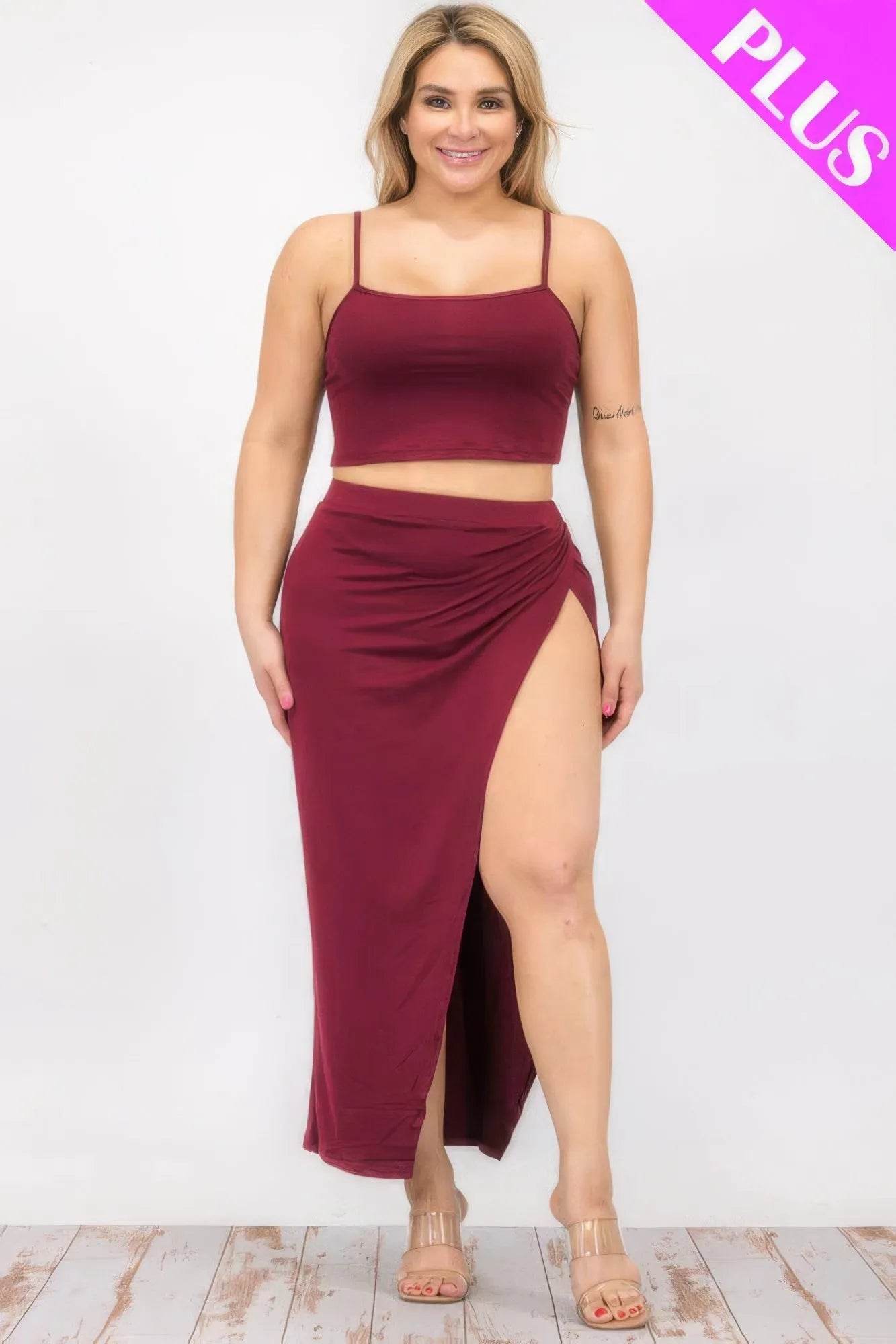Plus Size Crop Cami & Split Thigh Maxi Skirt Set - Bona Fide Fashion