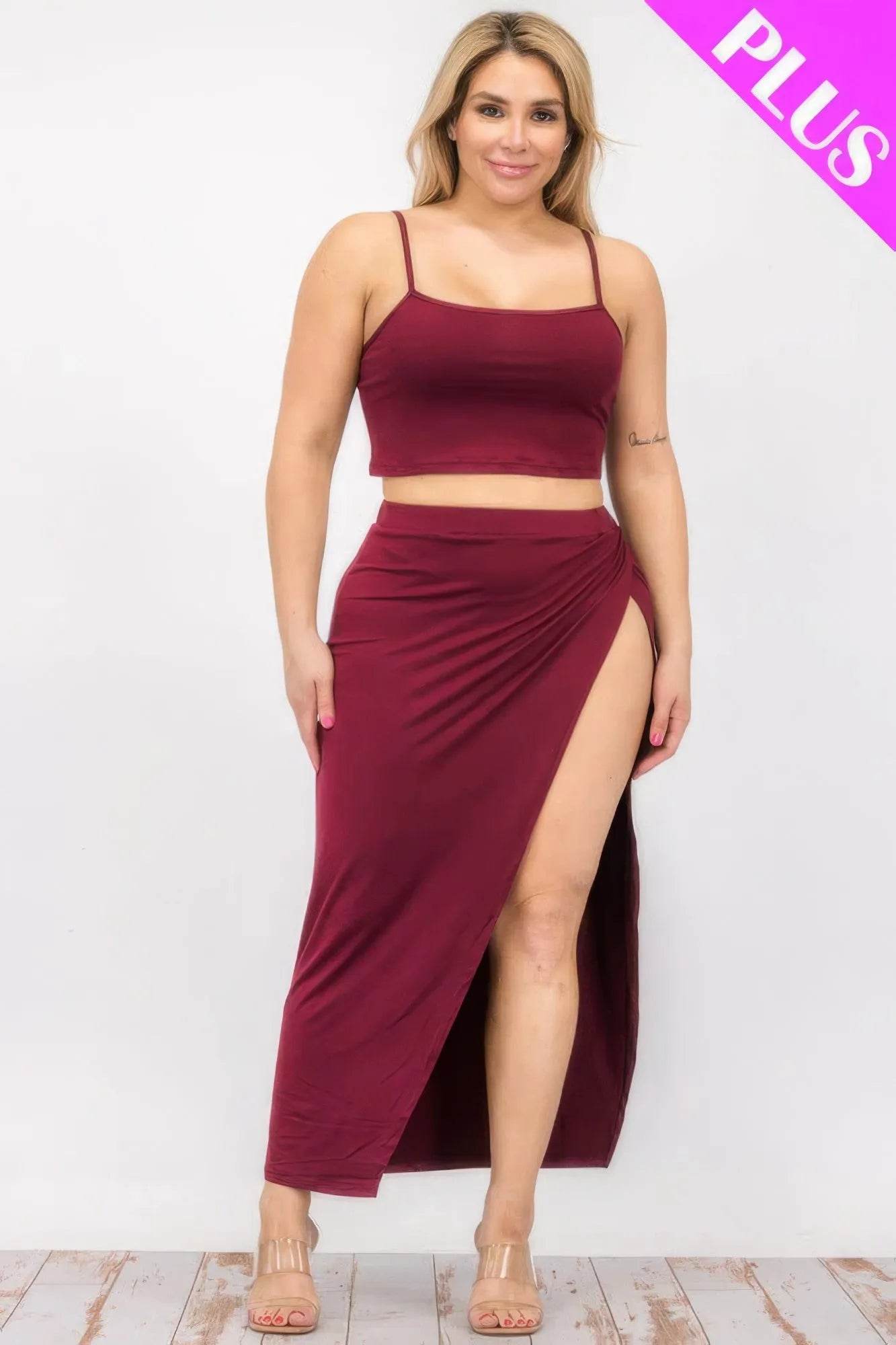 Plus Size Crop Cami & Split Thigh Maxi Skirt Set - Bona Fide Fashion
