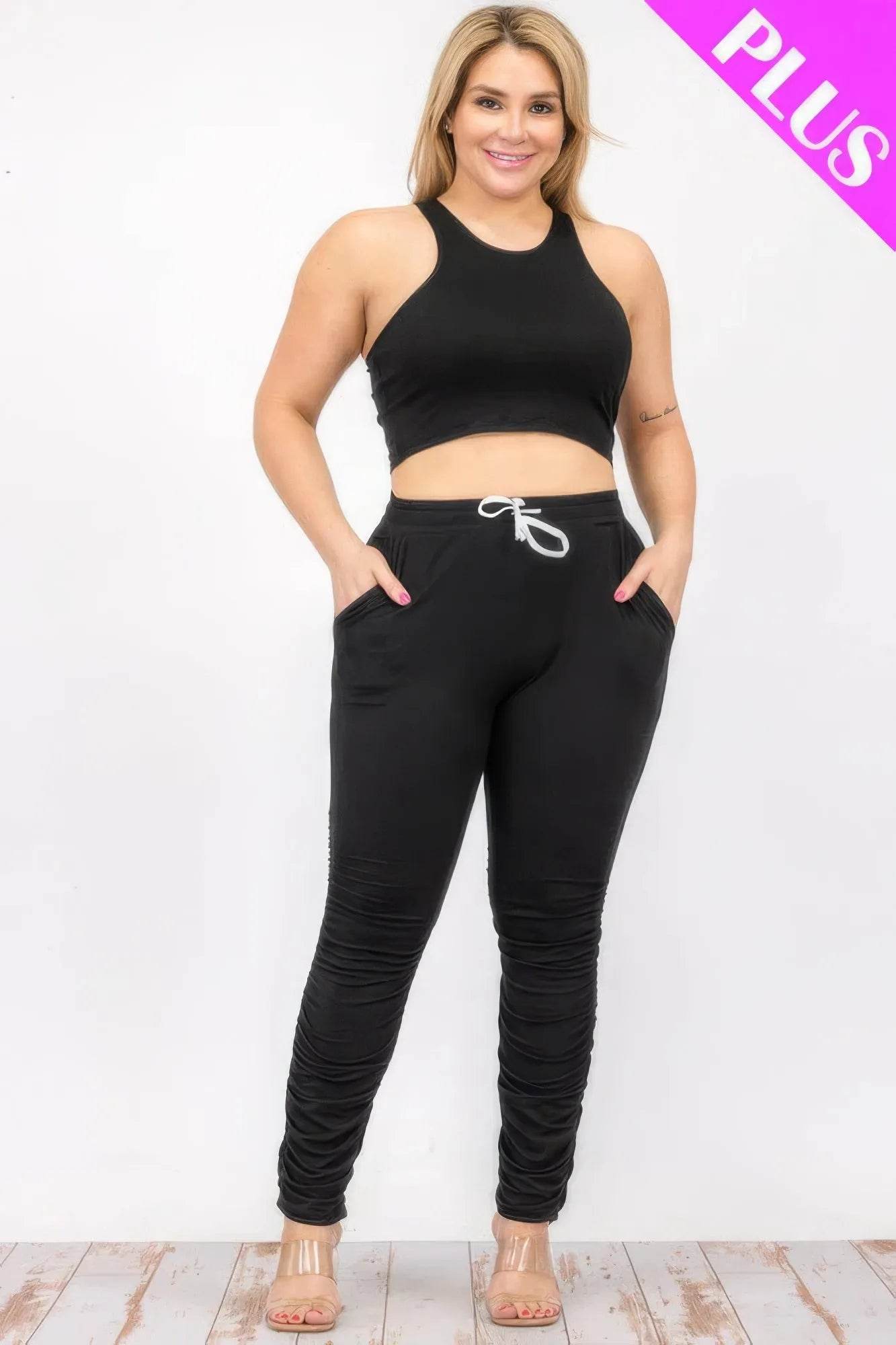 Plus Size Crop Tank Top & Ruched Pants Set - Bona Fide Fashion