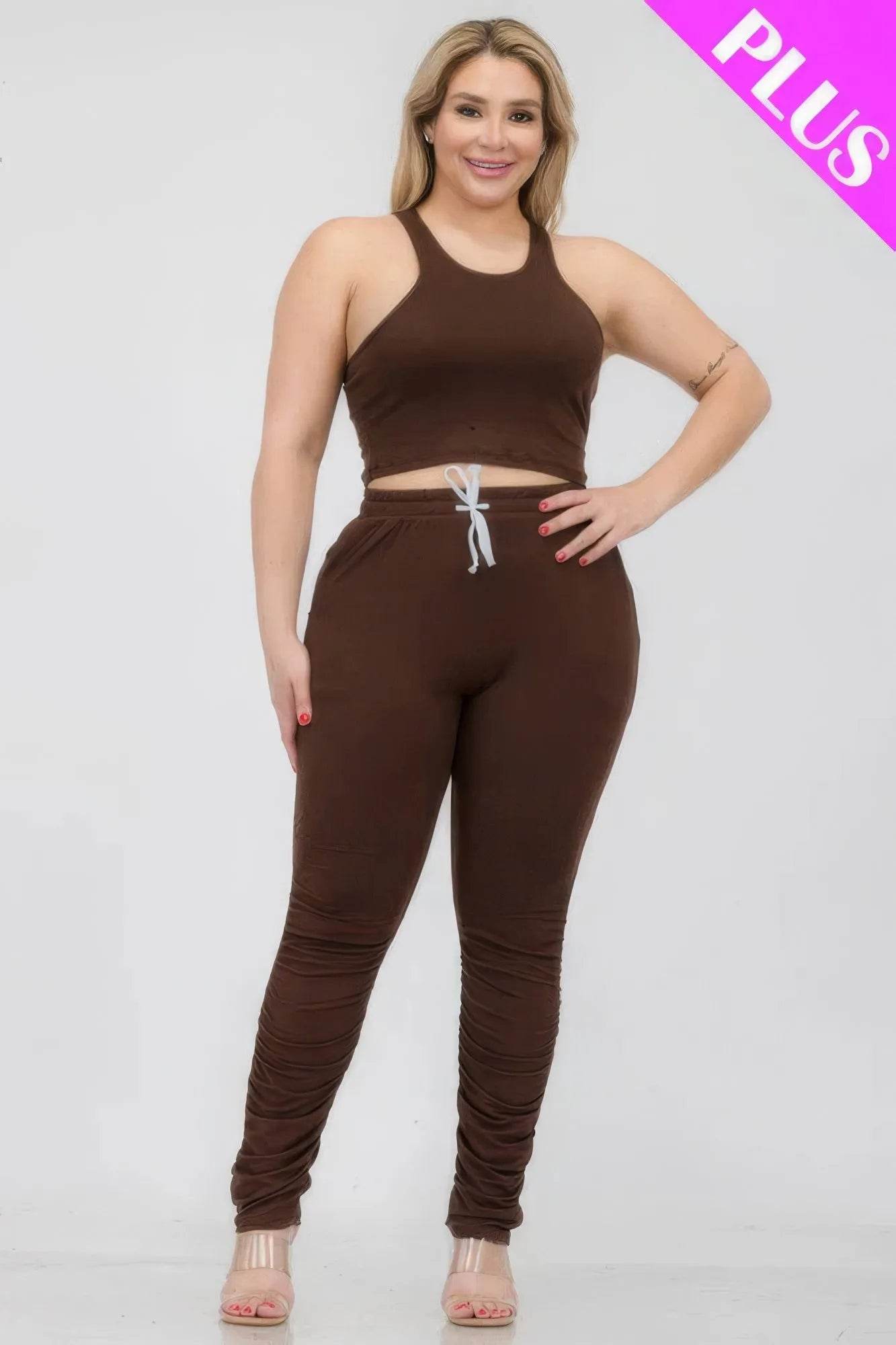 Plus Size Crop Tank Top & Ruched Pants Set - Bona Fide Fashion