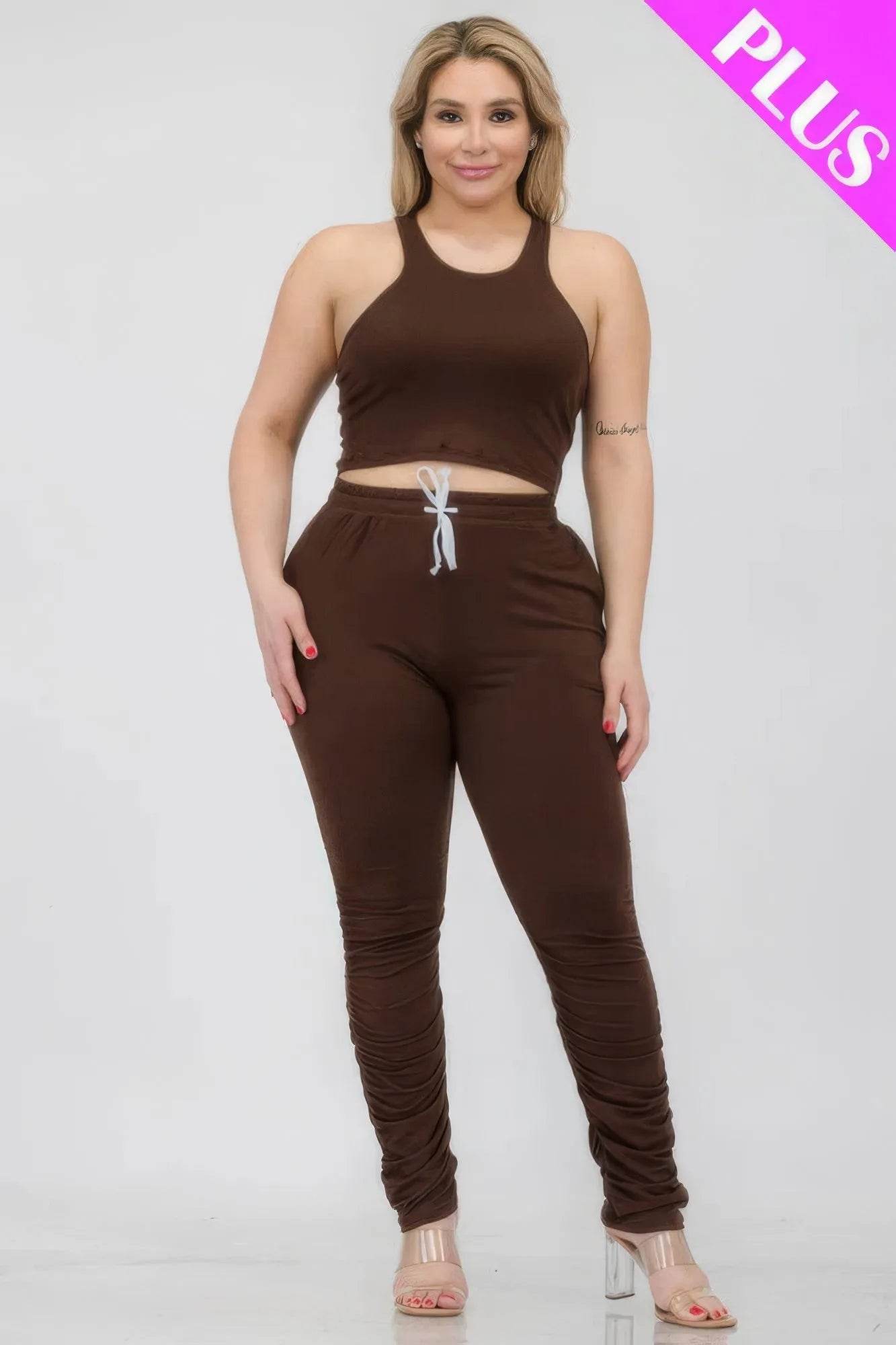 Plus Size Crop Tank Top & Ruched Pants Set - Bona Fide Fashion