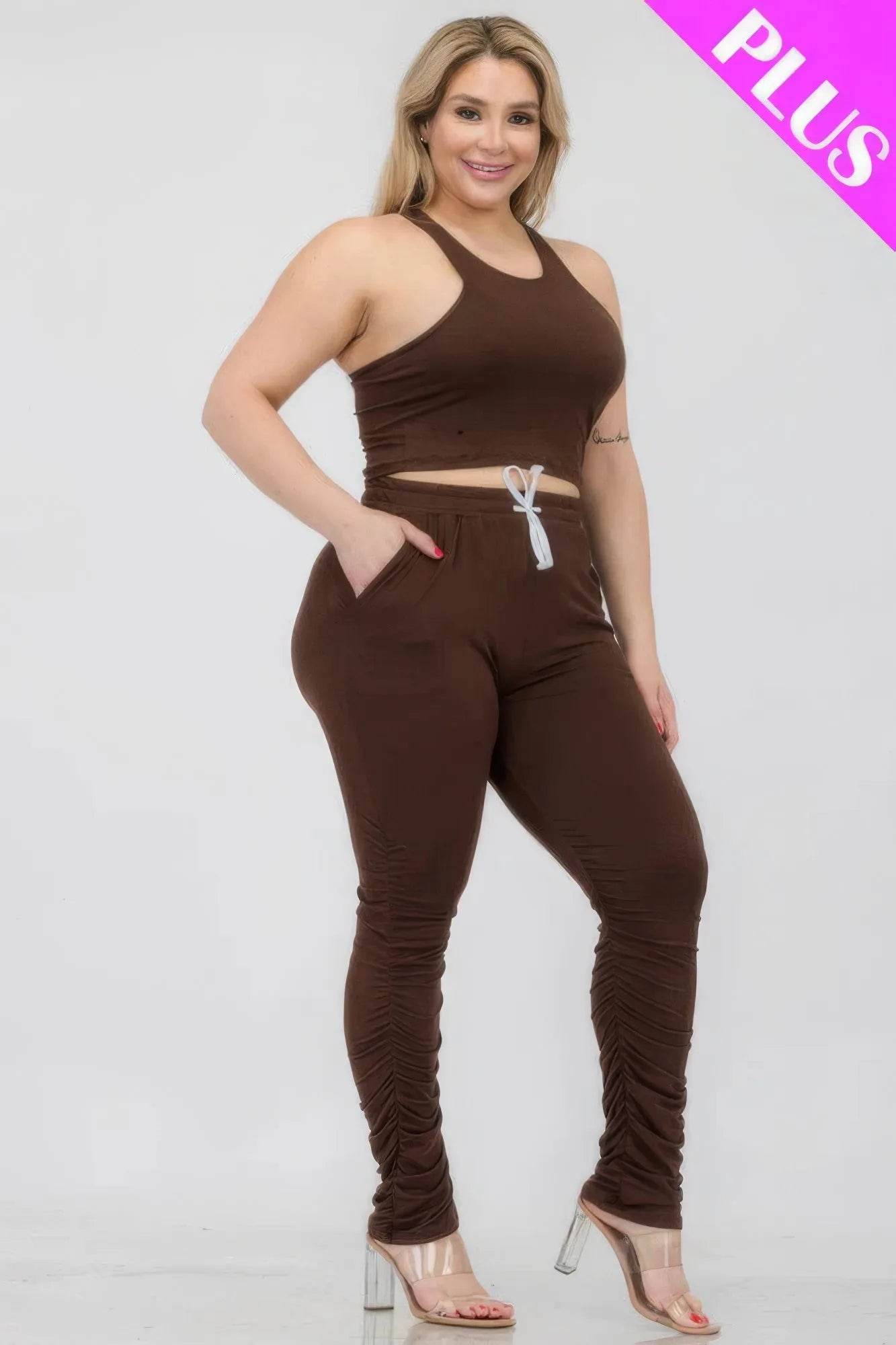 Plus Size Crop Tank Top & Ruched Pants Set - Bona Fide Fashion