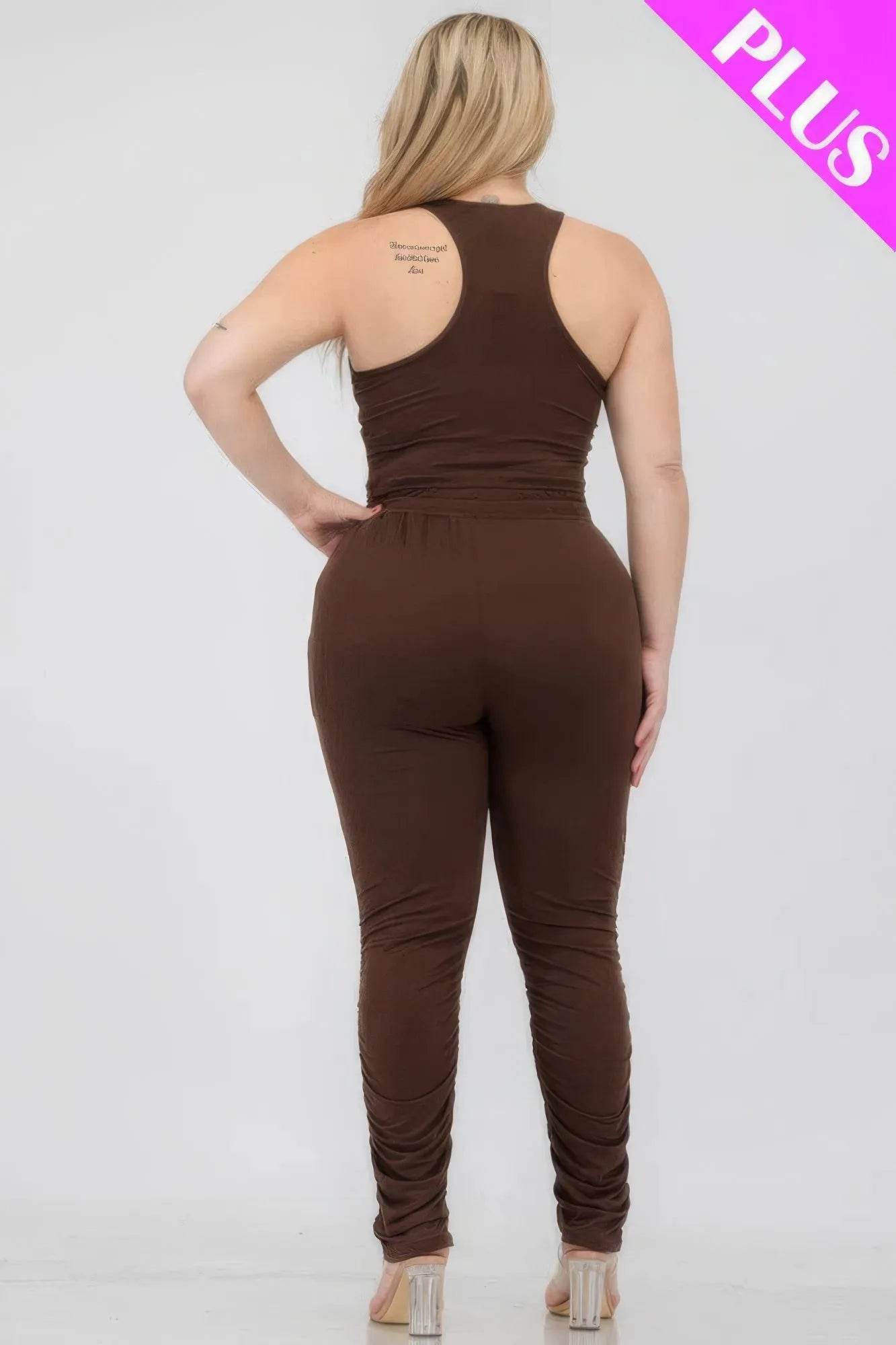 Plus Size Crop Tank Top & Ruched Pants Set - Bona Fide Fashion