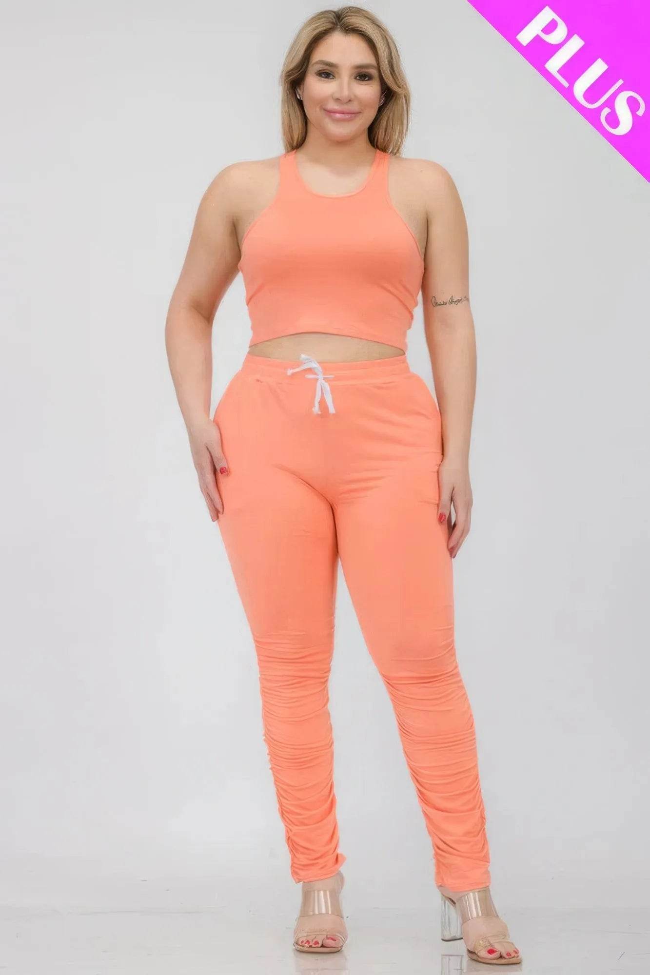 Plus Size Crop Tank Top & Ruched Pants Set - Bona Fide Fashion