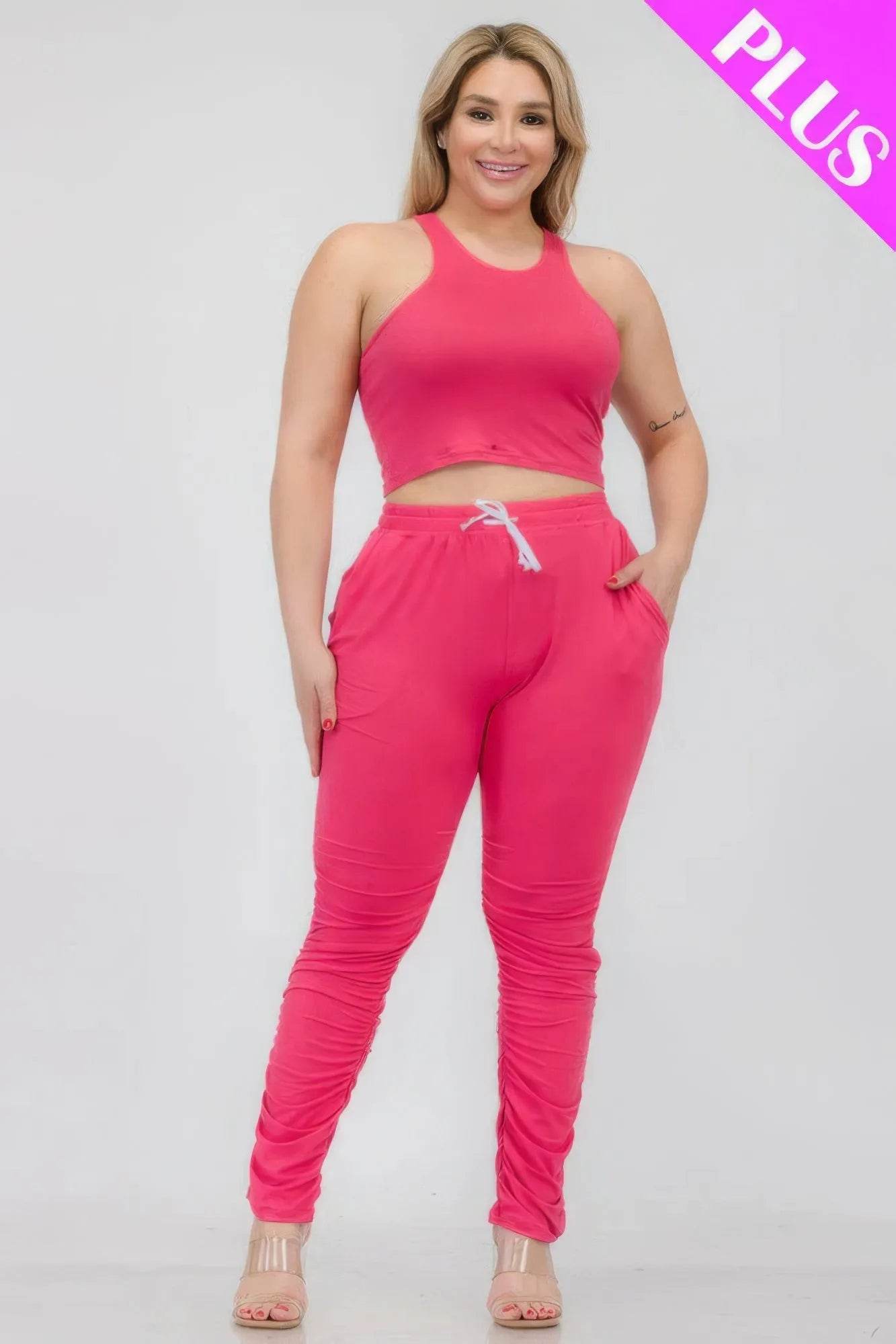 Plus Size Crop Tank Top & Ruched Pants Set - Bona Fide Fashion