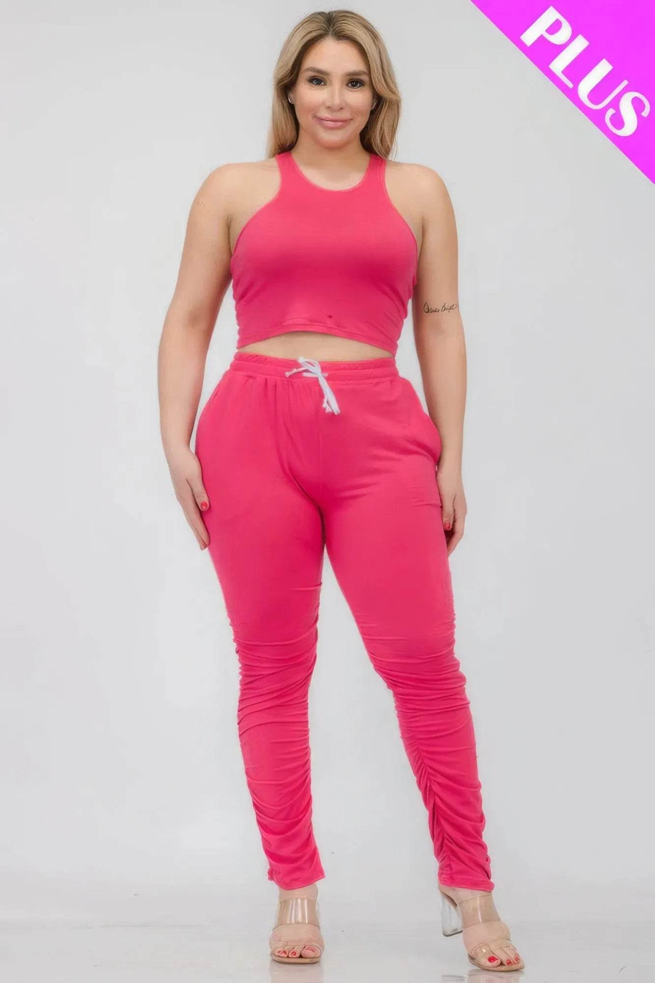 Plus Size Crop Tank Top & Ruched Pants Set - Bona Fide Fashion