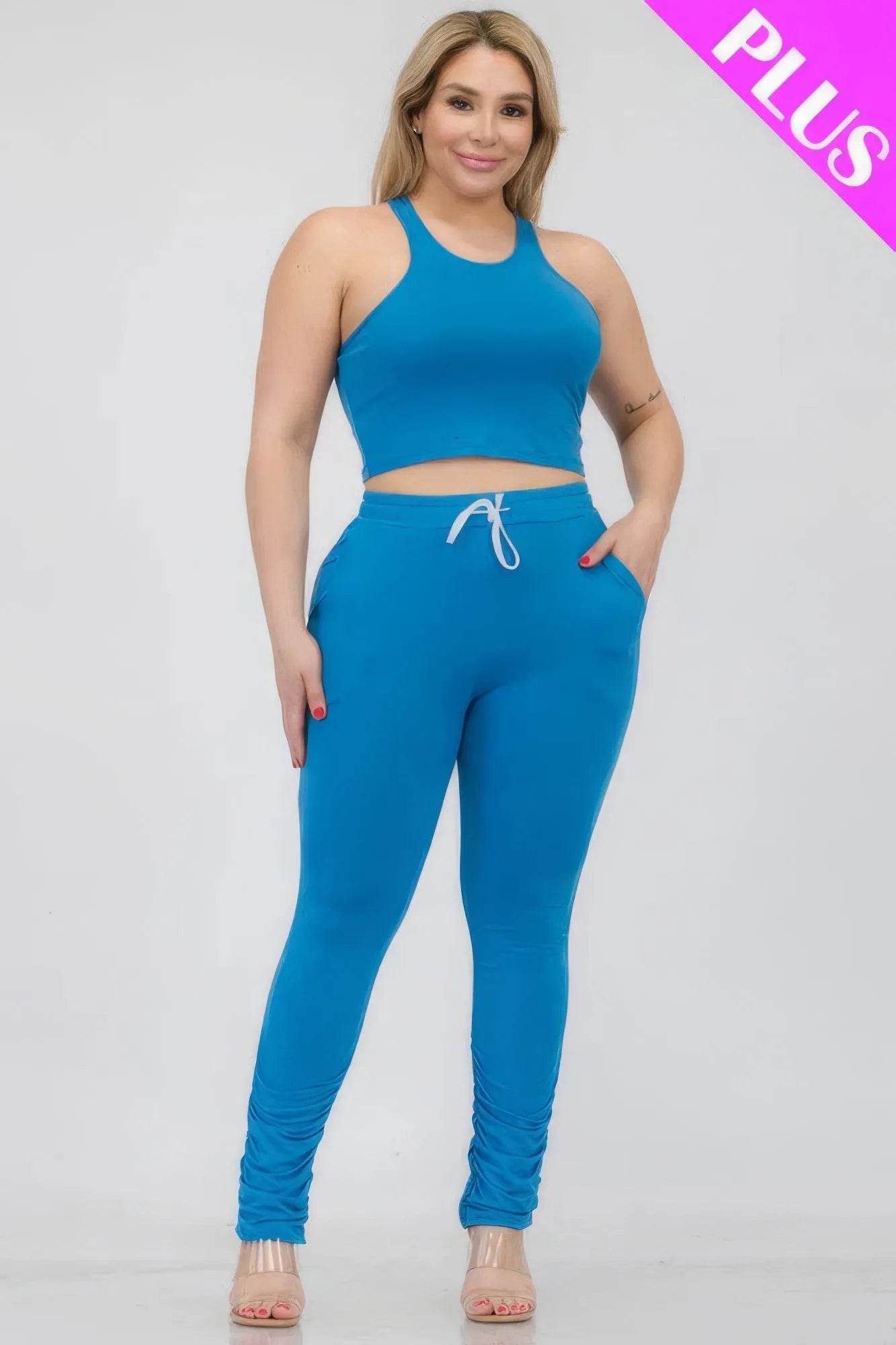 Plus Size Crop Tank Top & Ruched Pants Set - Bona Fide Fashion