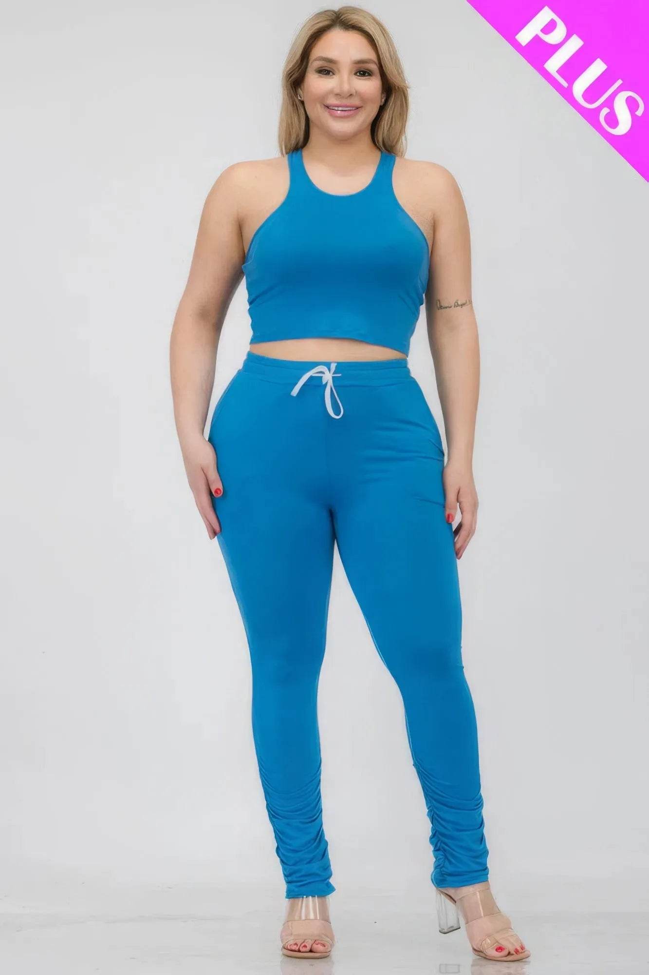 Plus Size Crop Tank Top & Ruched Pants Set - Bona Fide Fashion