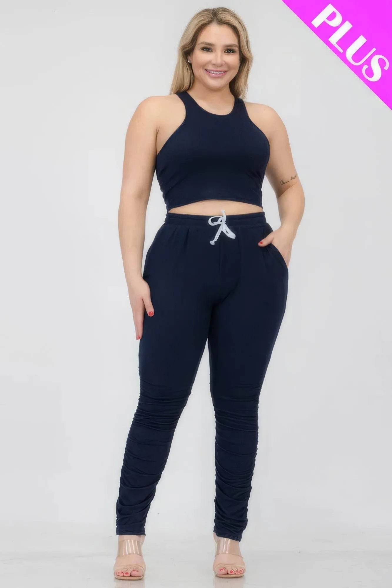 Plus Size Crop Tank Top & Ruched Pants Set - Bona Fide Fashion