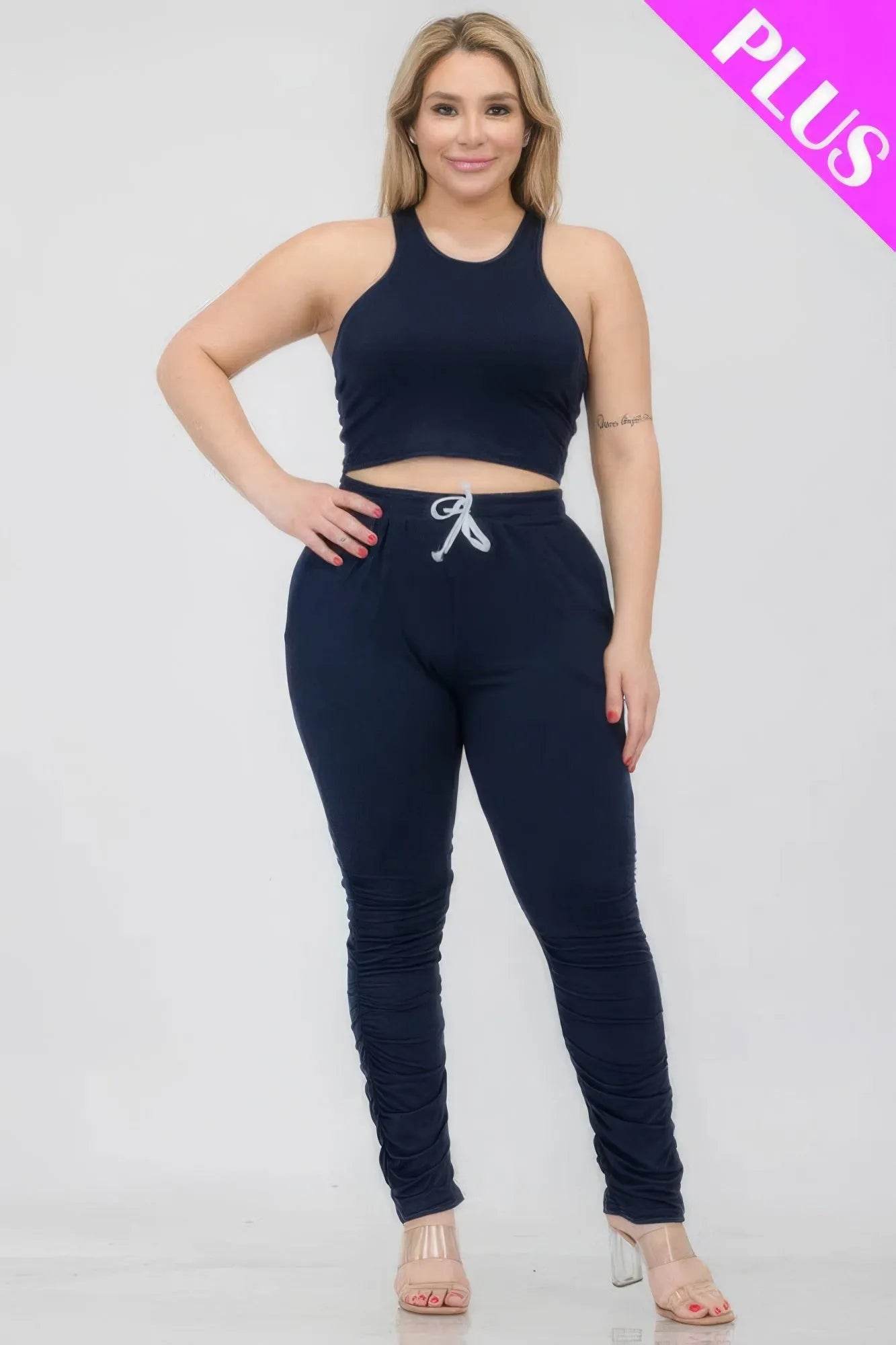 Plus Size Crop Tank Top & Ruched Pants Set - Bona Fide Fashion