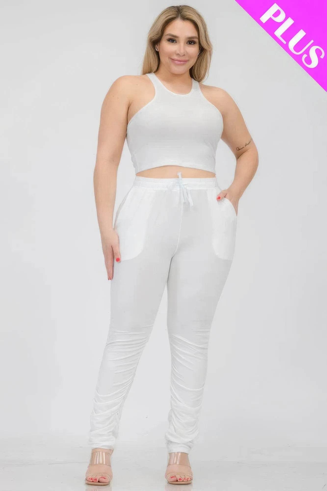 Plus Size Crop Tank Top & Ruched Pants Set - Bona Fide Fashion