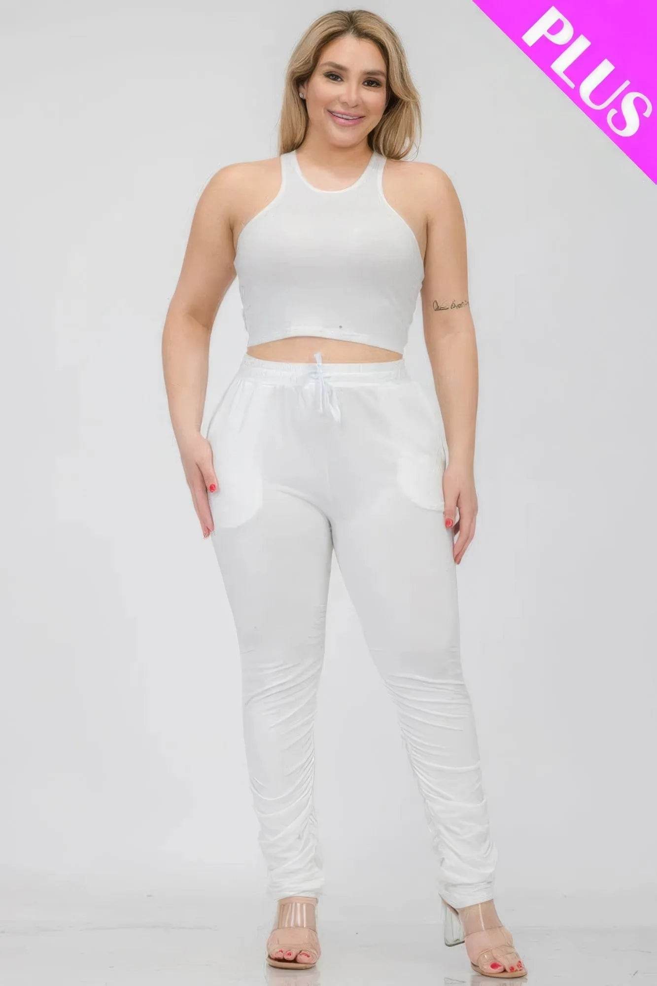 Plus Size Crop Tank Top & Ruched Pants Set - Bona Fide Fashion
