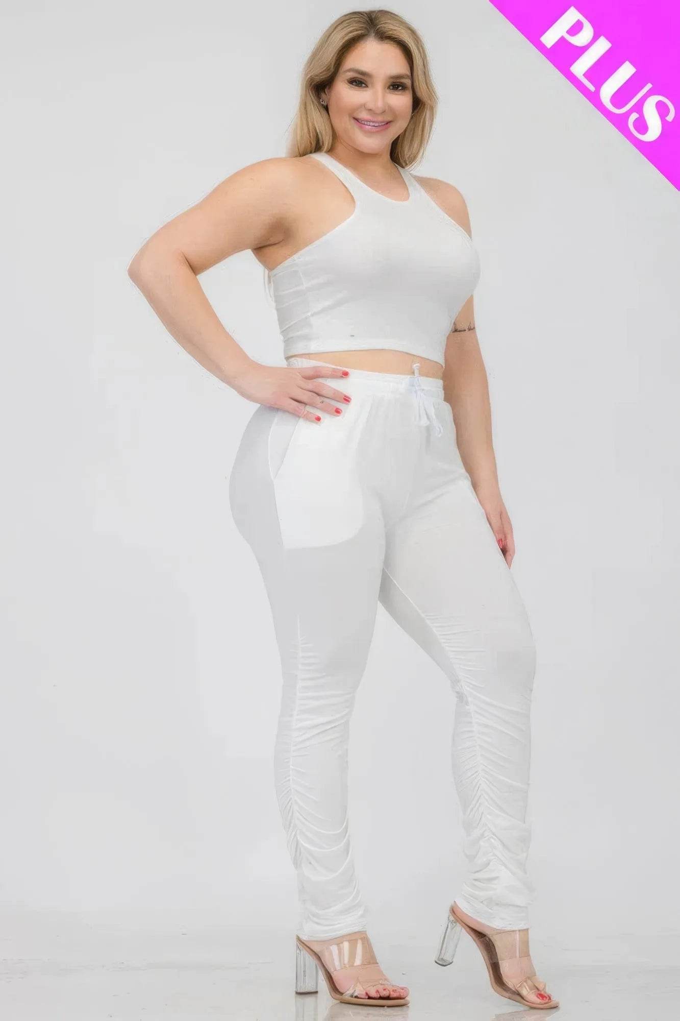 Plus Size Crop Tank Top & Ruched Pants Set - Bona Fide Fashion