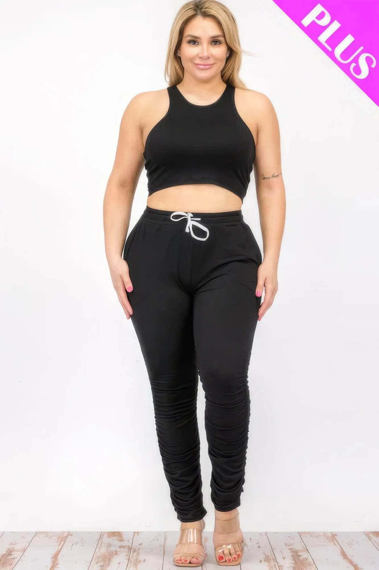 Plus Size Crop Tank Top & Ruched Pants Set - Bona Fide Fashion