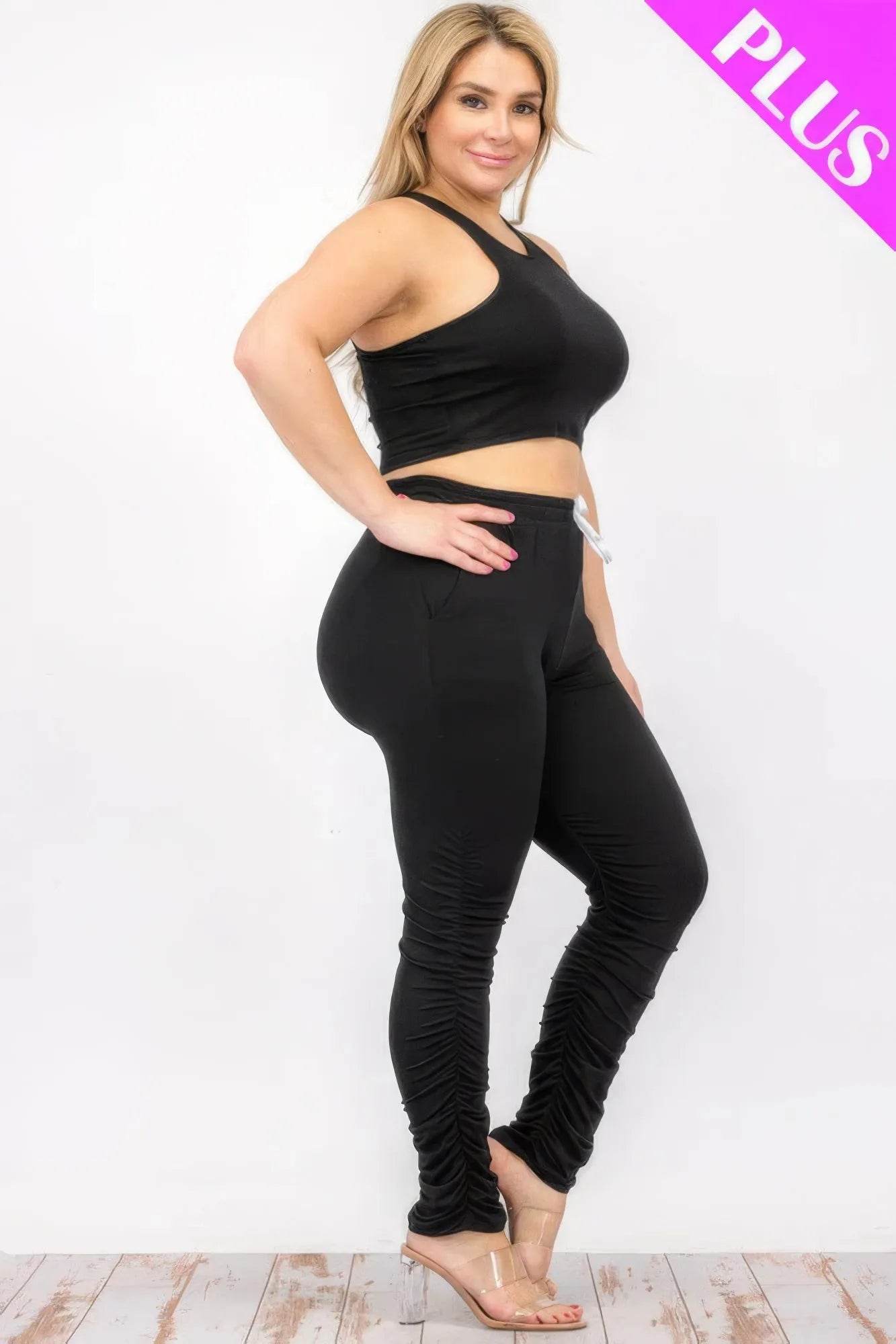 Plus Size Crop Tank Top & Ruched Pants Set - Bona Fide Fashion