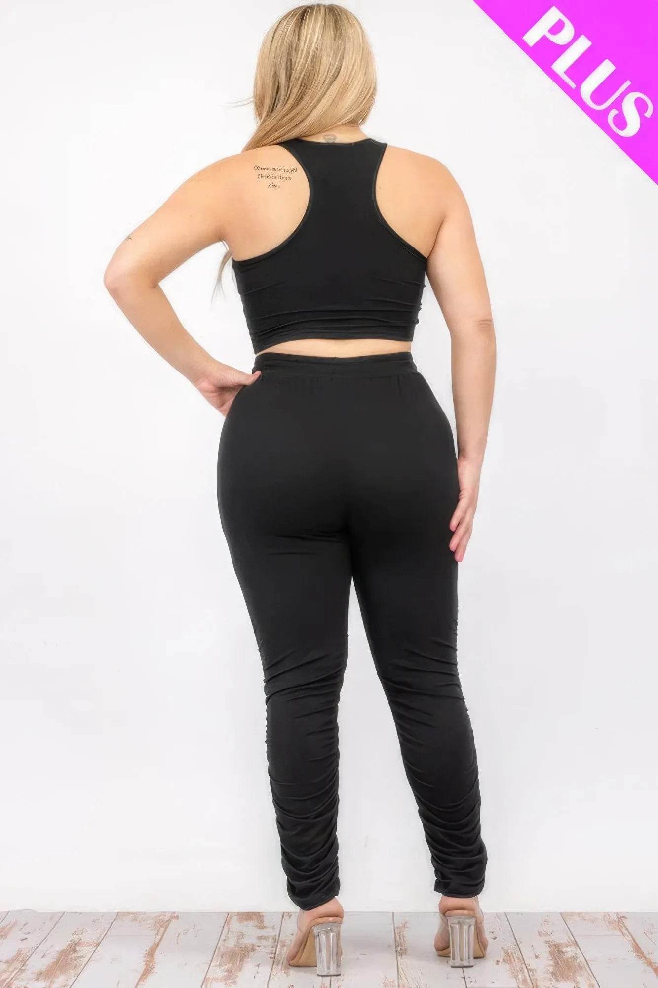 Plus Size Crop Tank Top & Ruched Pants Set - Bona Fide Fashion