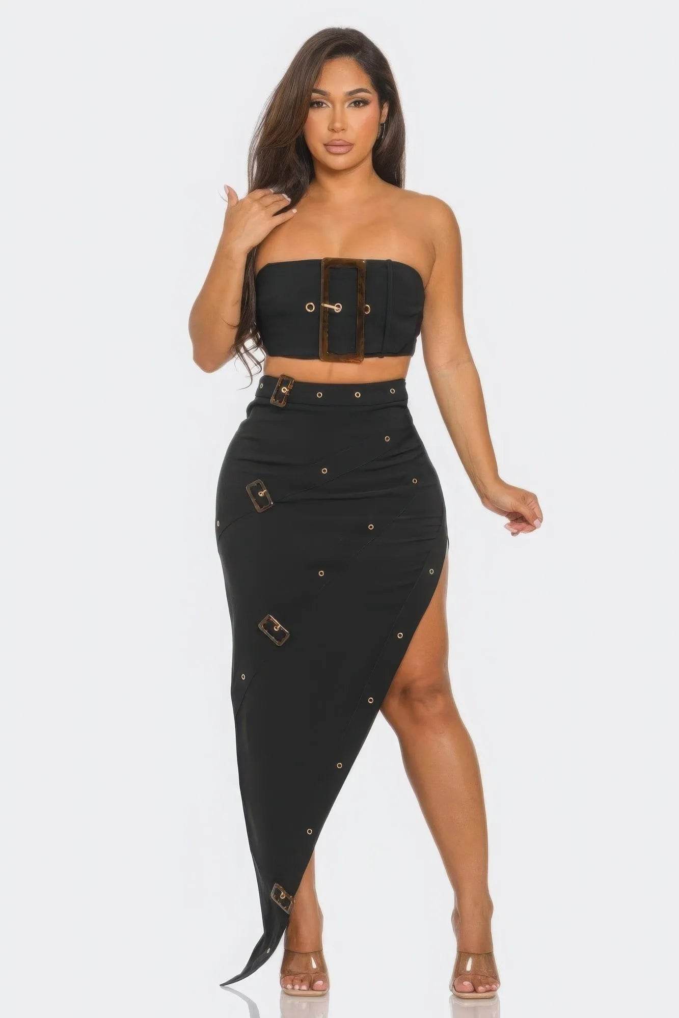 Front Eyelet Buckle Belt Top And Skirt Set - Bona Fide Fashion
