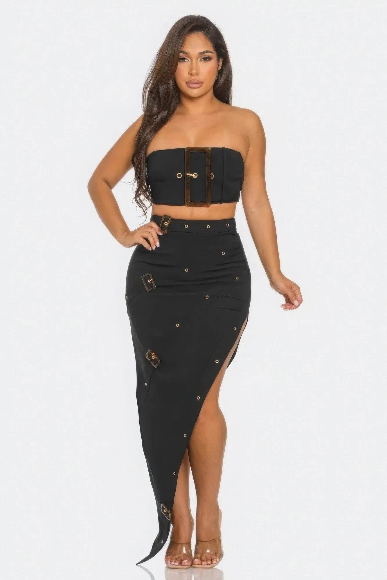 Front Eyelet Buckle Belt Top And Skirt Set - Bona Fide Fashion
