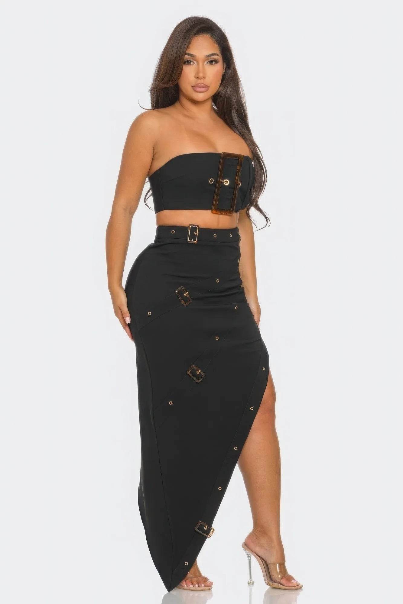 Front Eyelet Buckle Belt Top And Skirt Set - Bona Fide Fashion