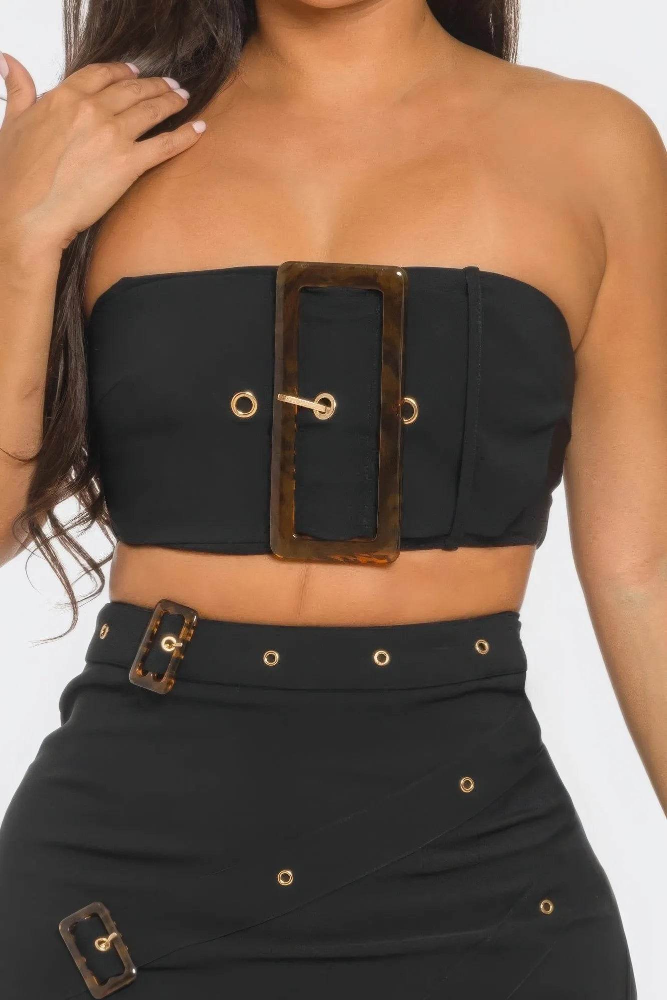 Front Eyelet Buckle Belt Top And Skirt Set - Bona Fide Fashion