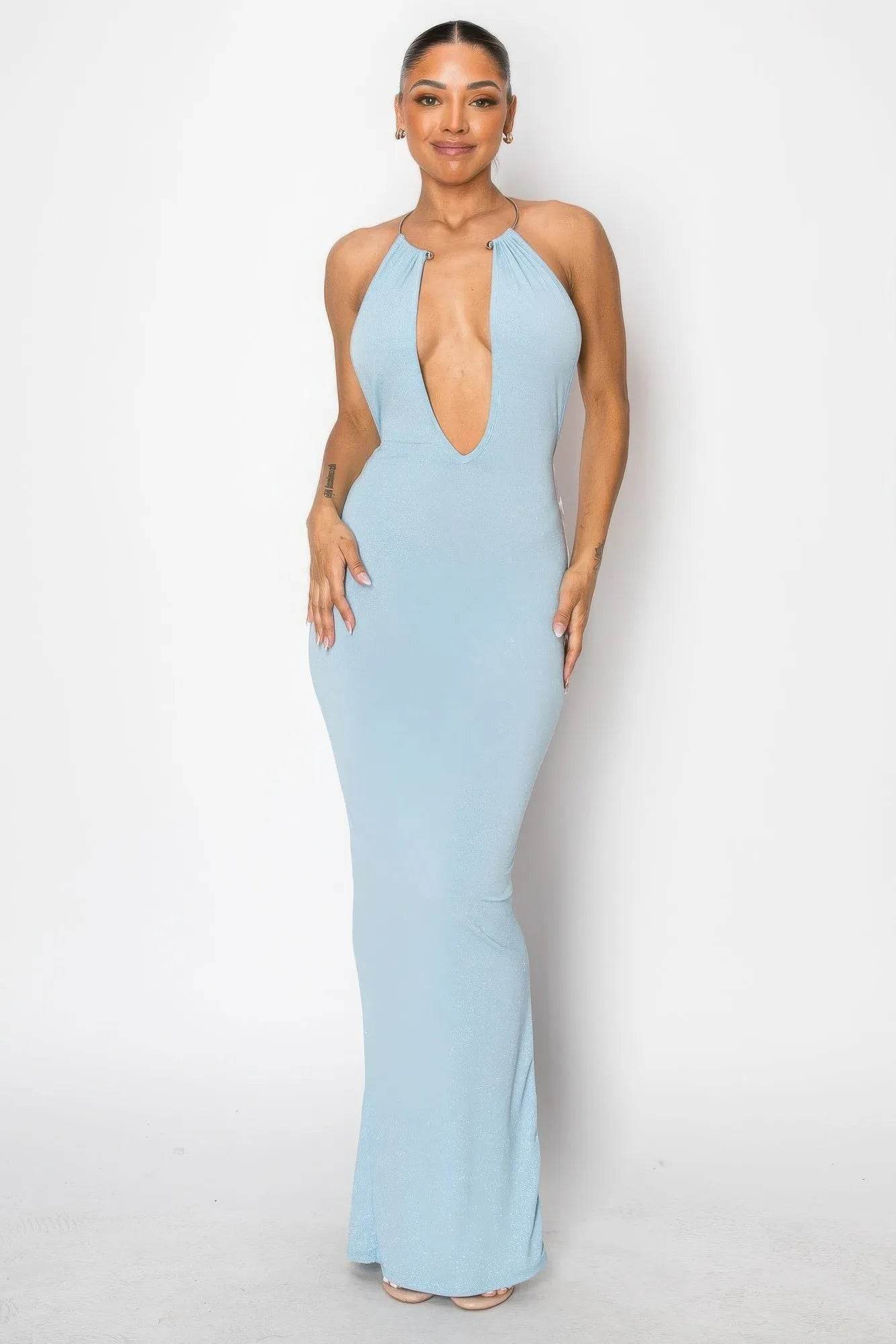 Halter Necklace Trim Long Dress - Bona Fide Fashion