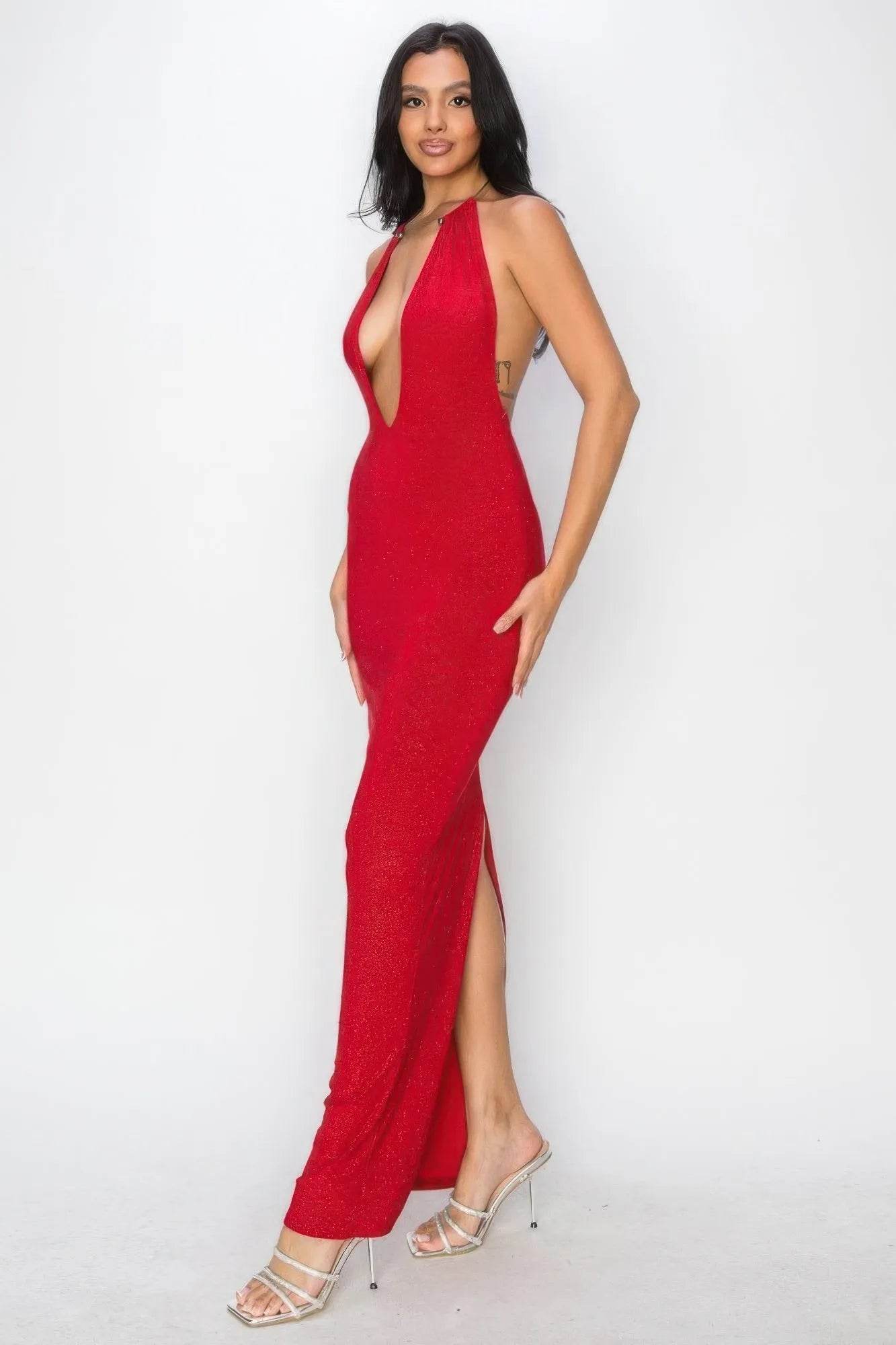 Halter Necklace Trim Long Dress - Bona Fide Fashion