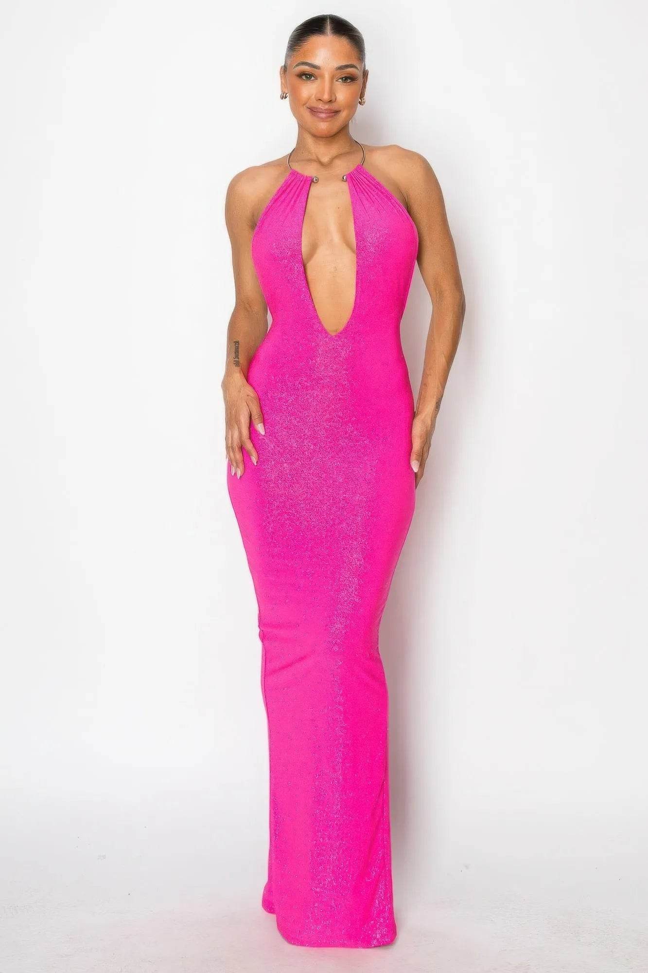 Halter Necklace Trim Long Dress - Bona Fide Fashion