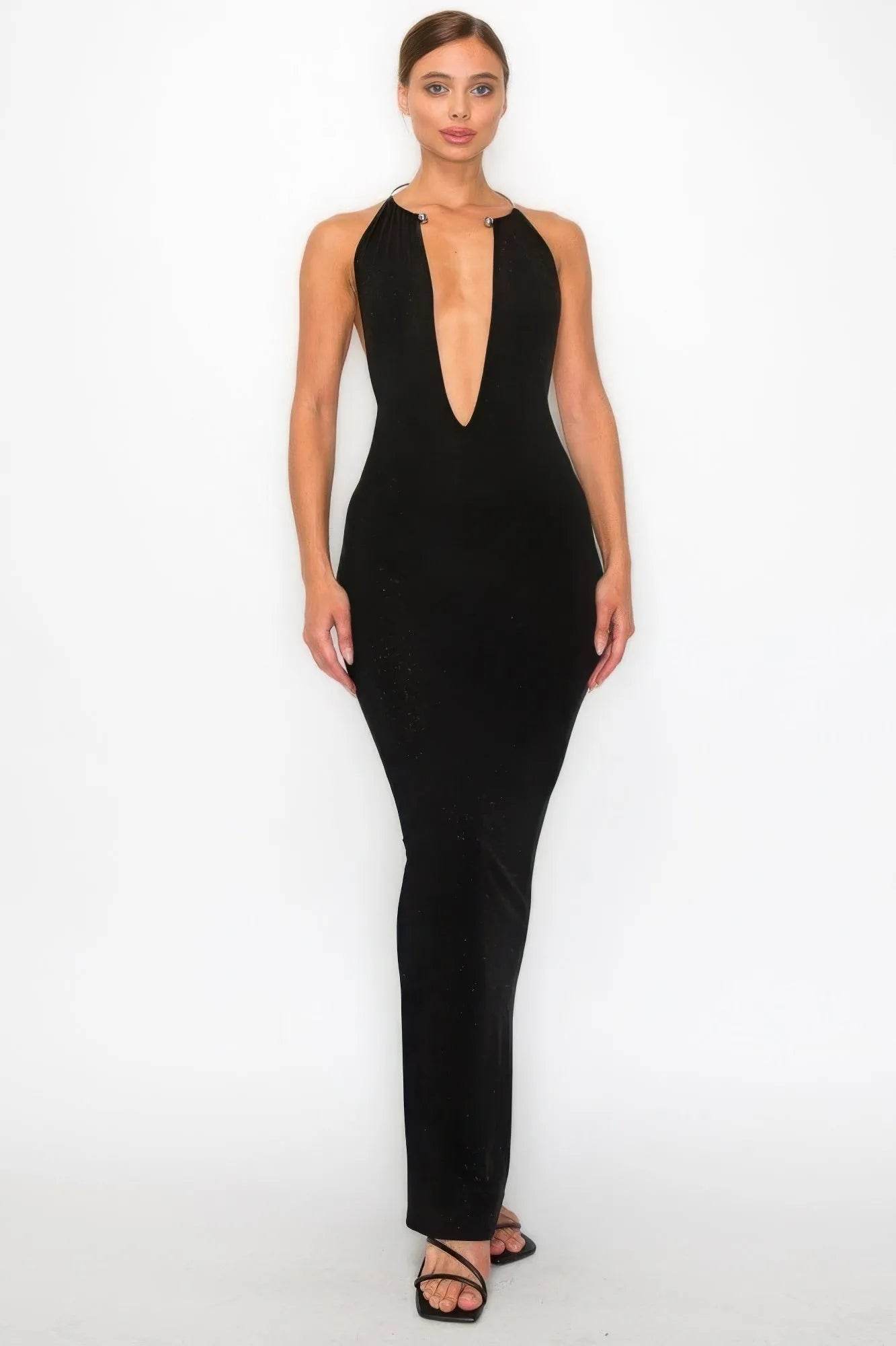 Halter Necklace Trim Long Dress - Bona Fide Fashion