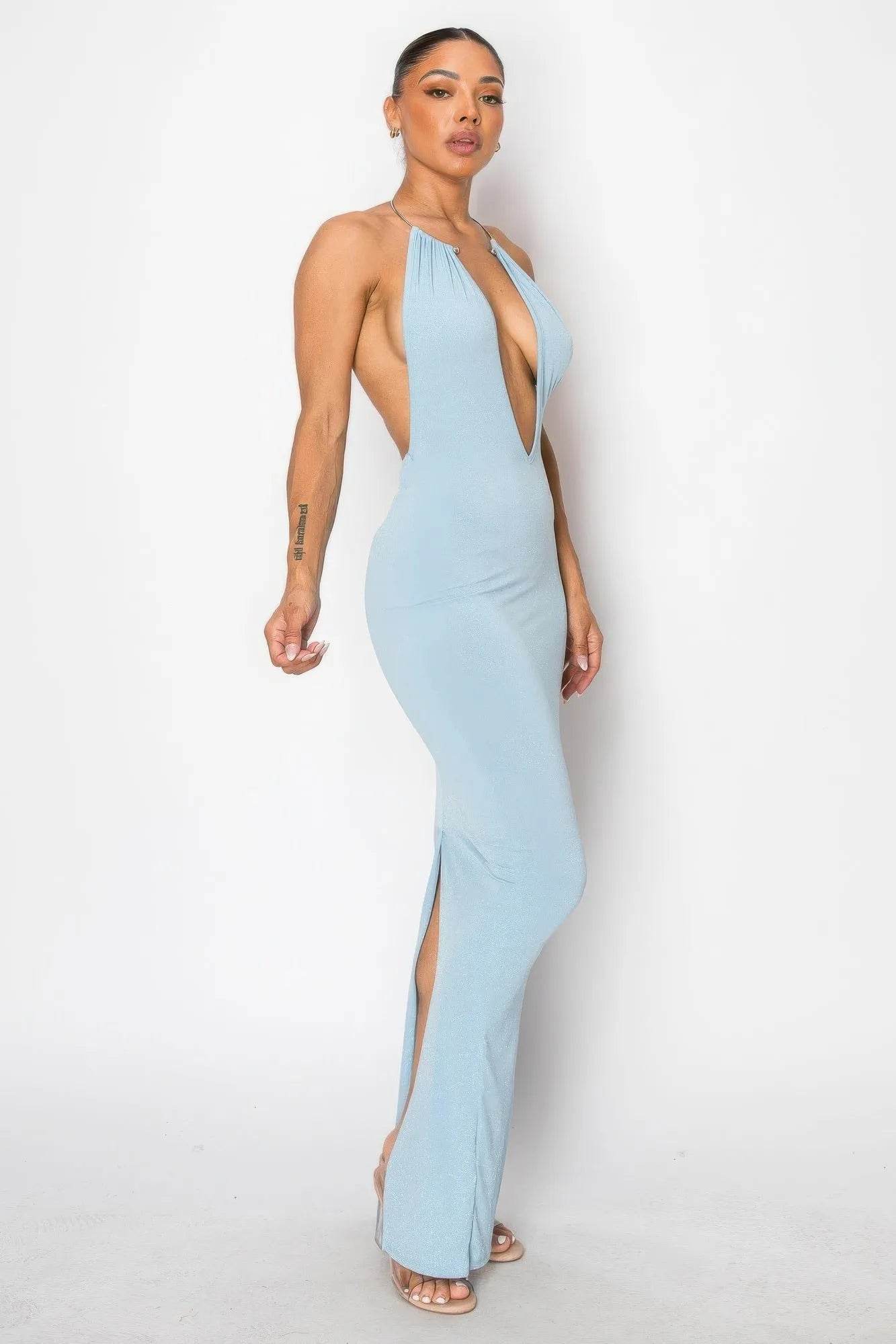 Halter Necklace Trim Long Dress - Bona Fide Fashion