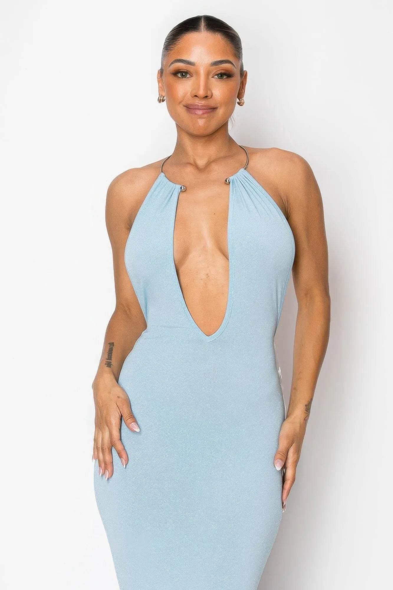 Halter Necklace Trim Long Dress - Bona Fide Fashion