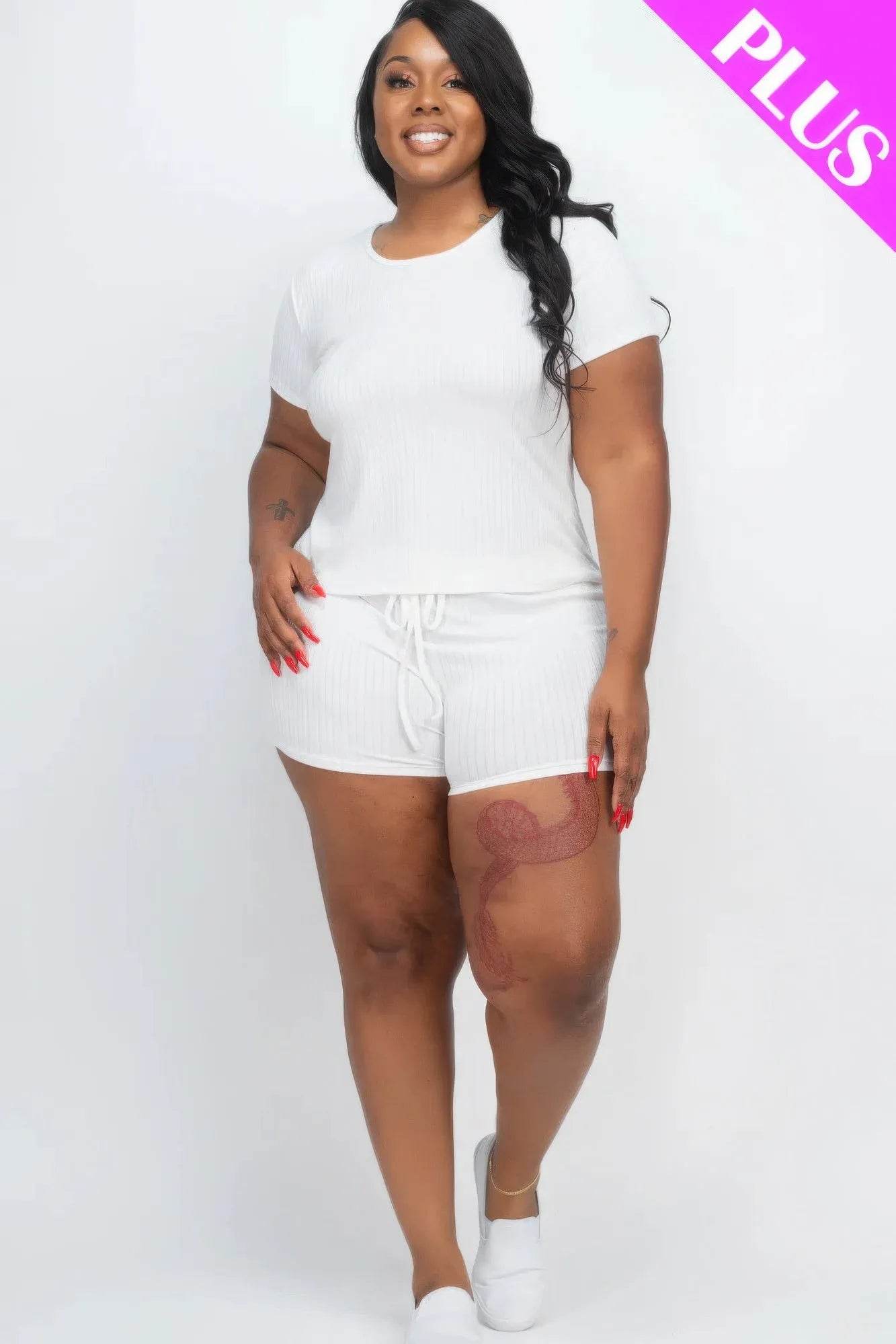 Plus Size Ribbed Short Sleeve Top&shorts Set - Bona Fide Fashion