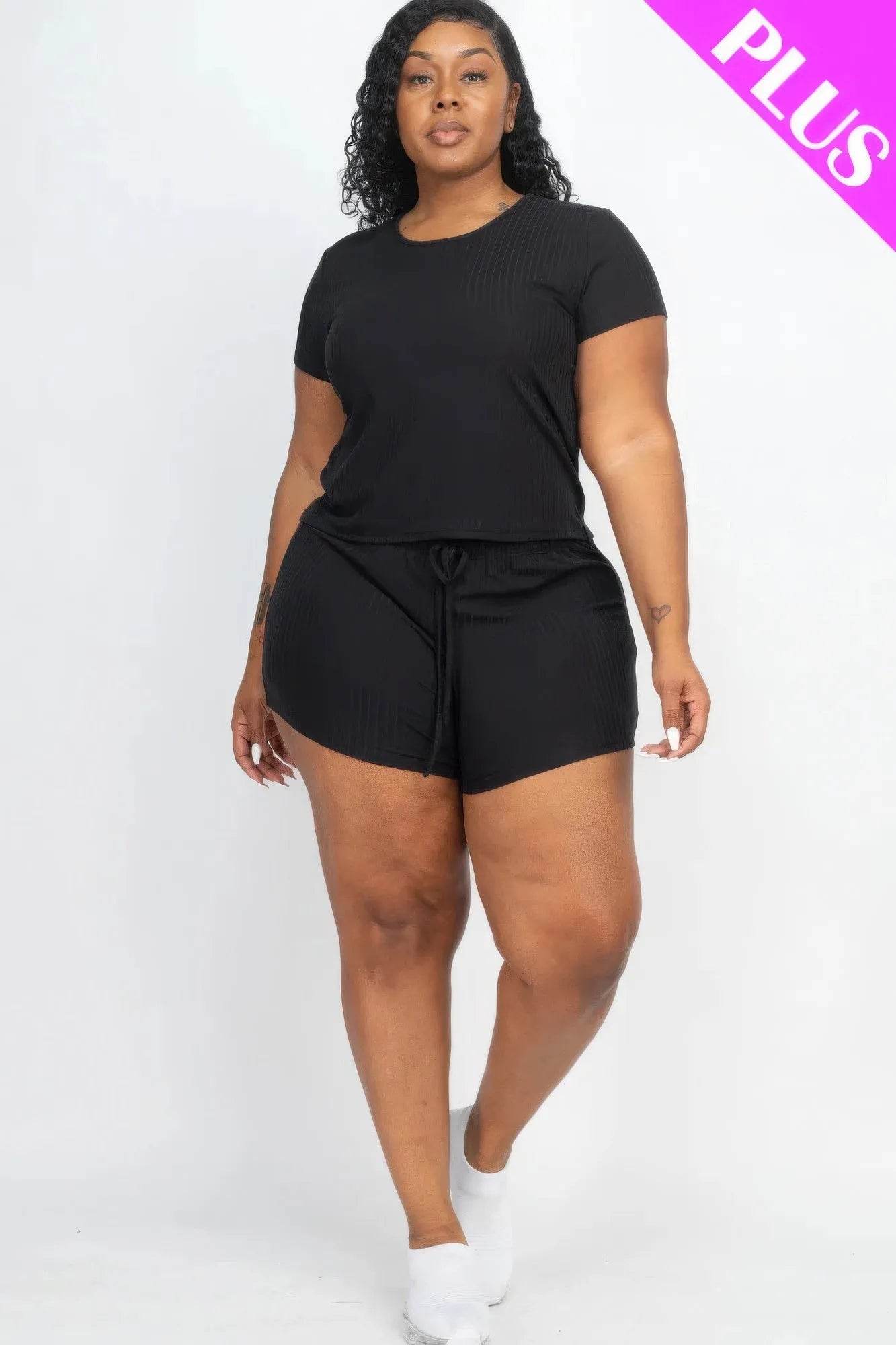 Plus Size Ribbed Short Sleeve Top&shorts Set - Bona Fide Fashion