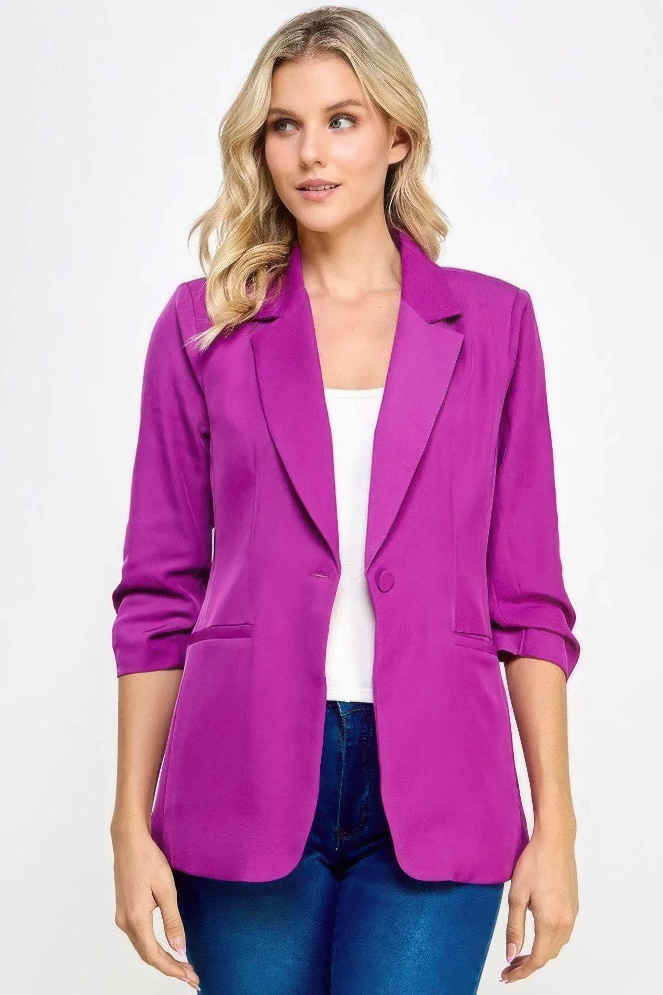 Buttoned Detail 3/4 Sleeve Blazer - Bona Fide Fashion