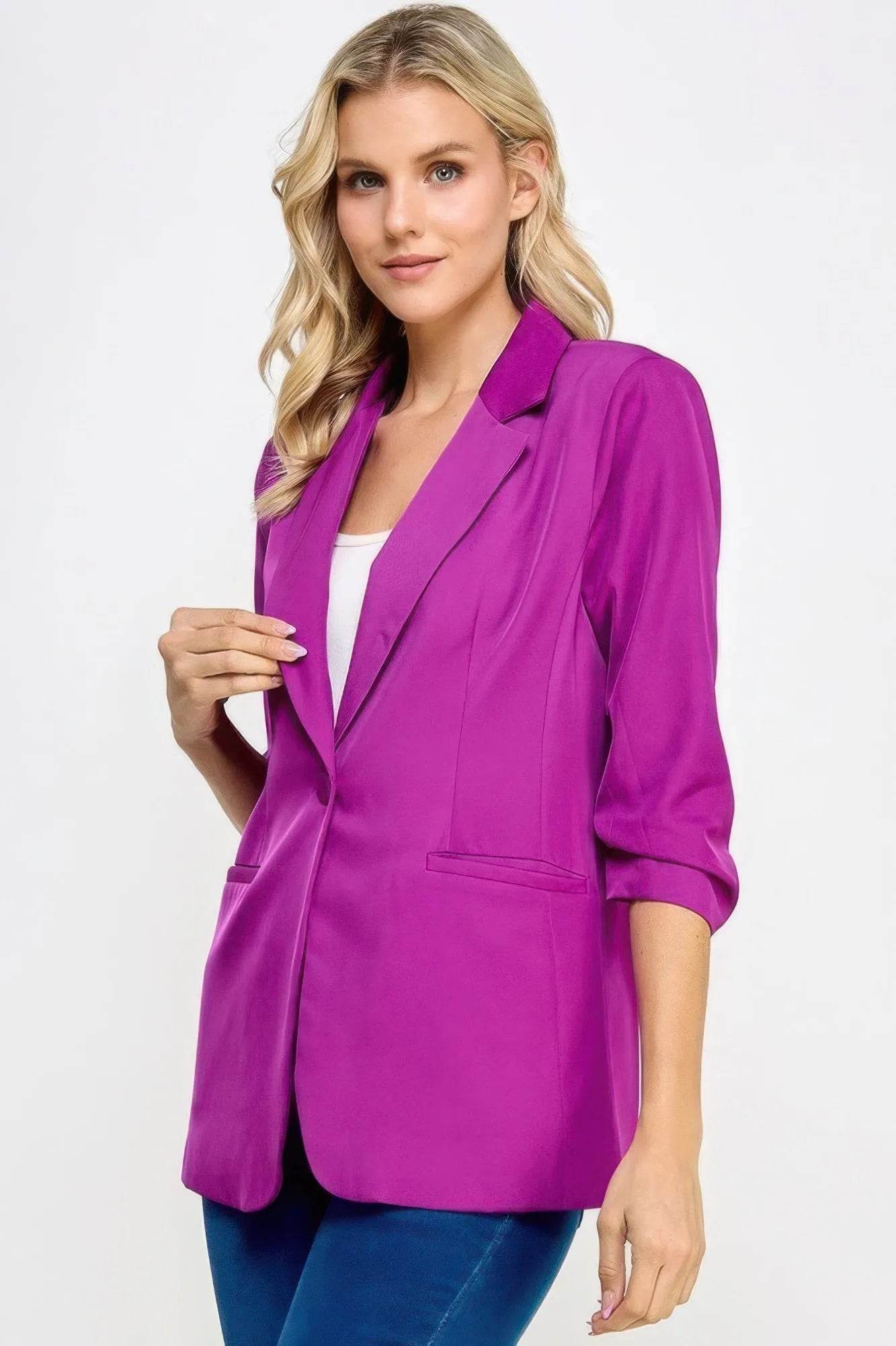 Buttoned Detail 3/4 Sleeve Blazer - Bona Fide Fashion