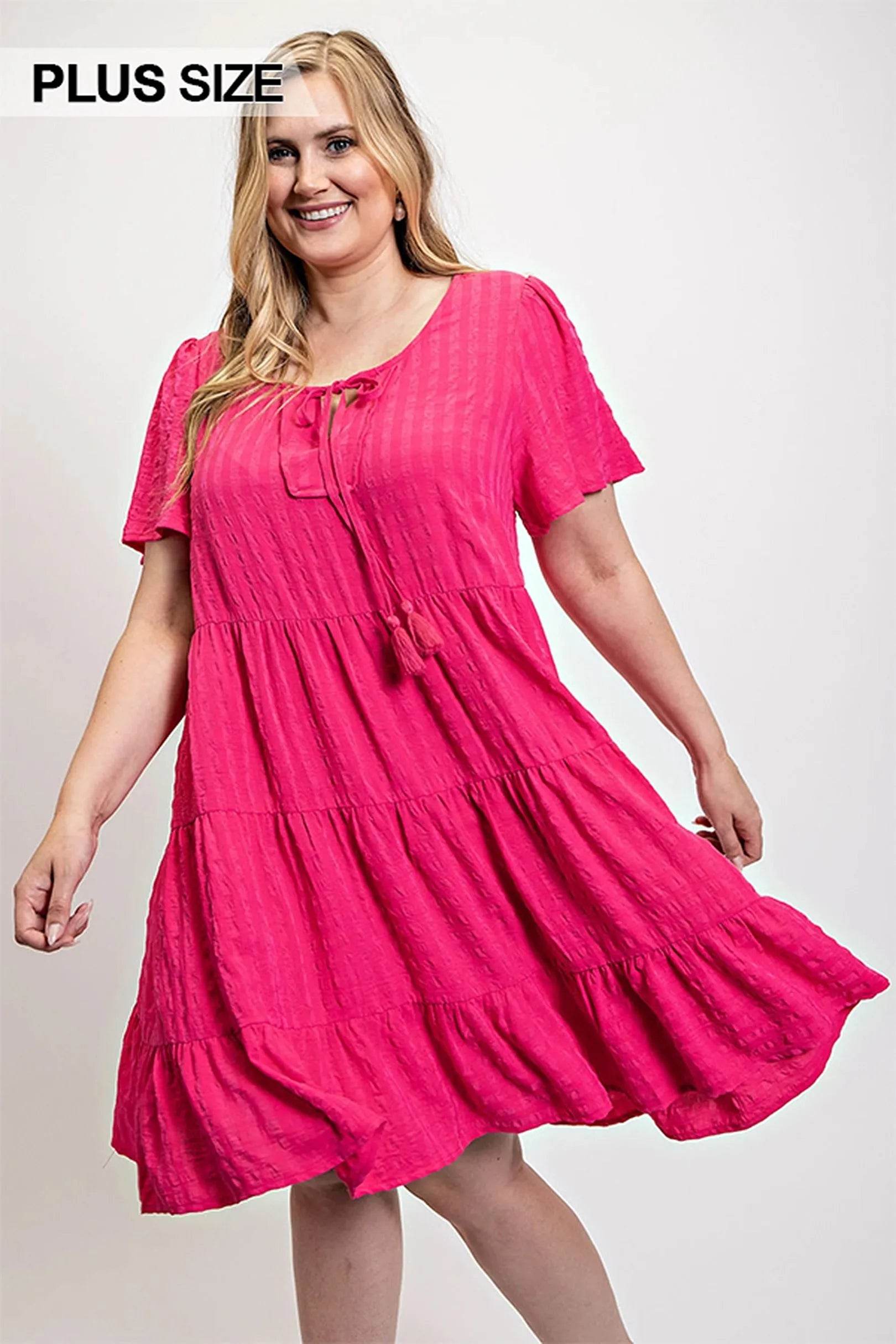 Textured woven tiered dress with tassel tie and pockets - Bona Fide Fashion