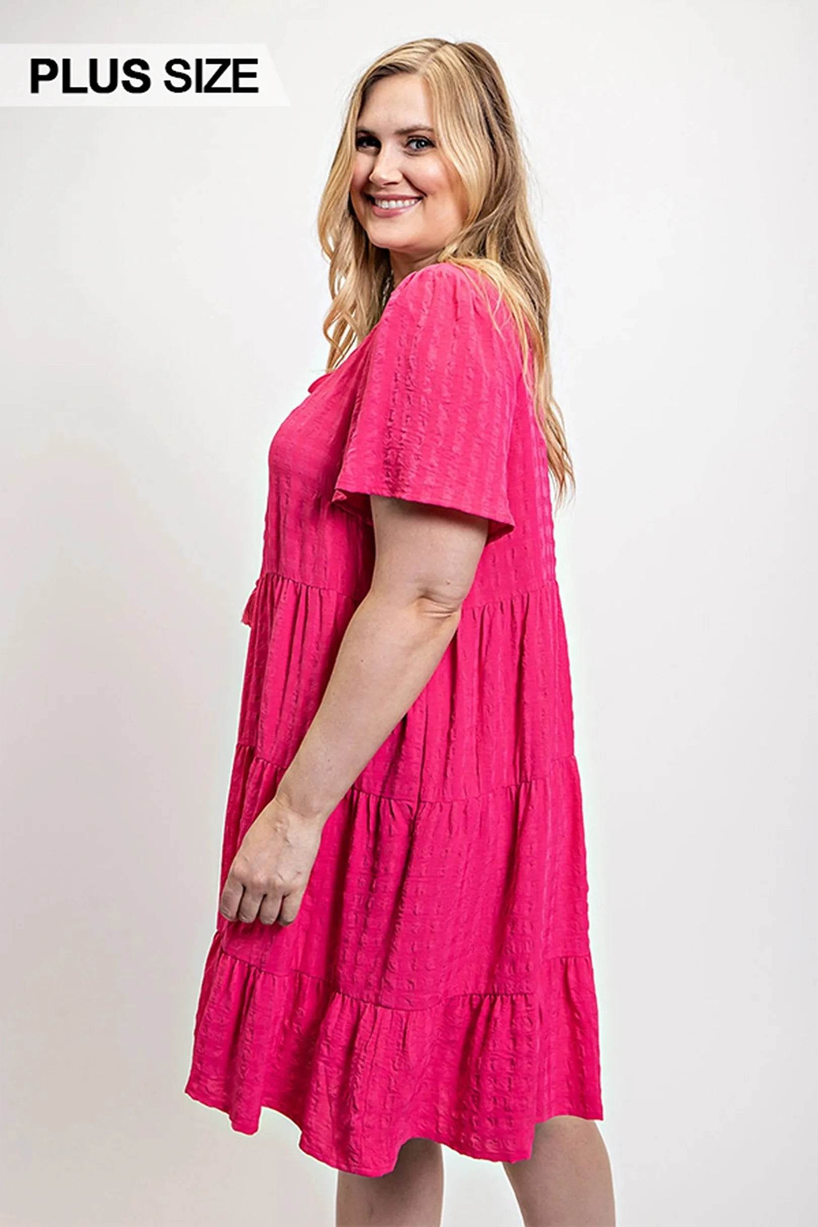 Textured woven tiered dress with tassel tie and pockets - Bona Fide Fashion