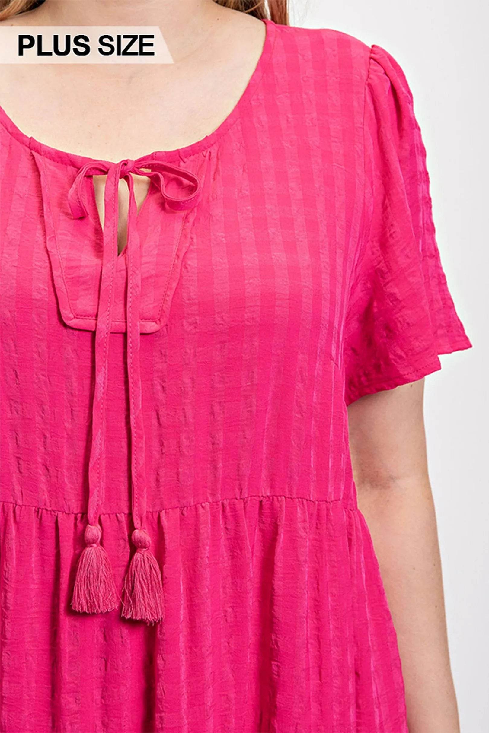 Textured woven tiered dress with tassel tie and pockets - Bona Fide Fashion