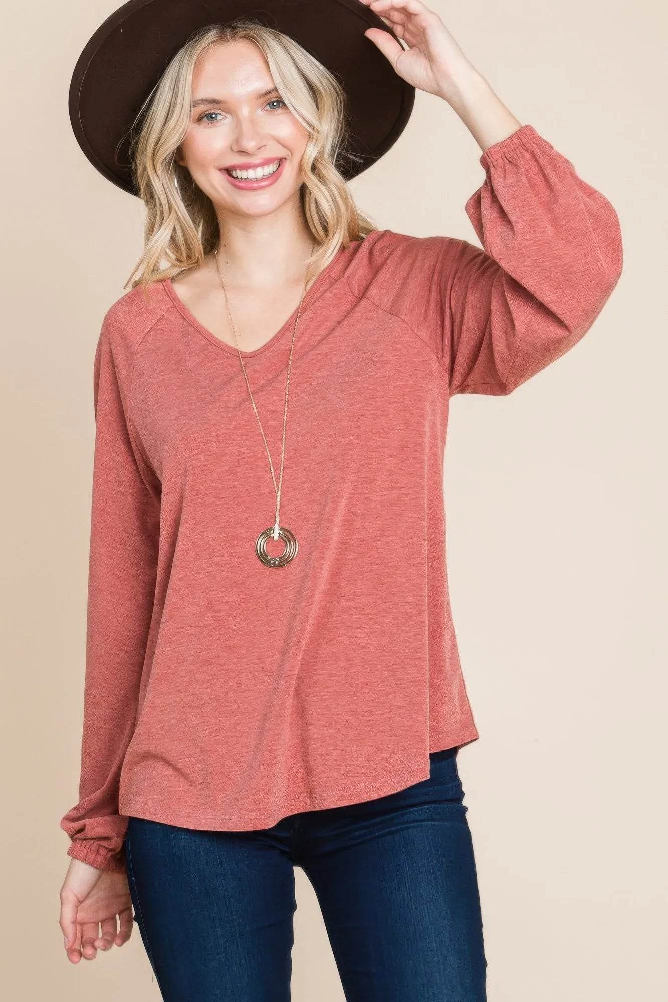 Casual V Neck Basic Long Sleeve Top - Bona Fide Fashion