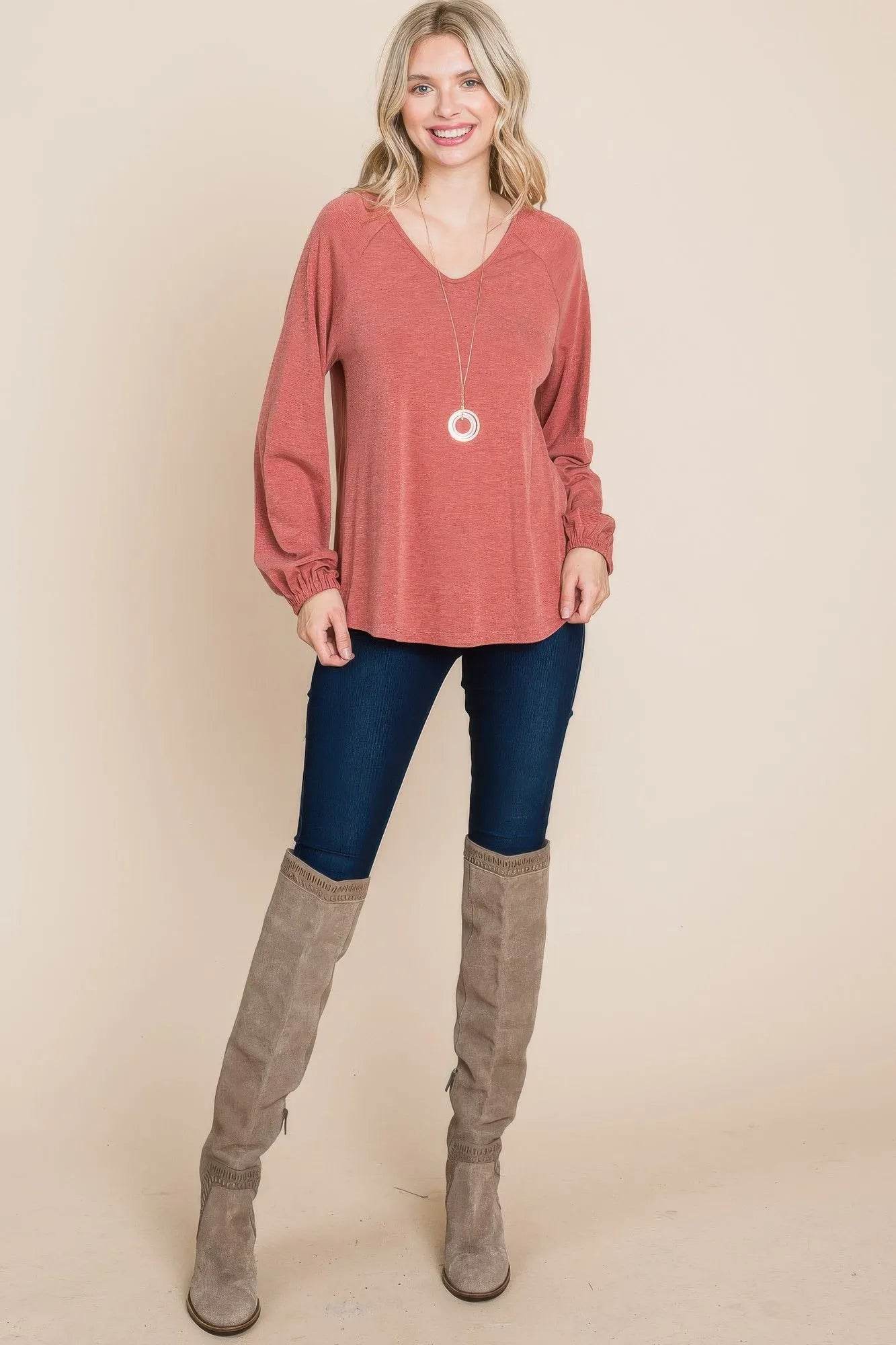 Casual V Neck Basic Long Sleeve Top - Bona Fide Fashion