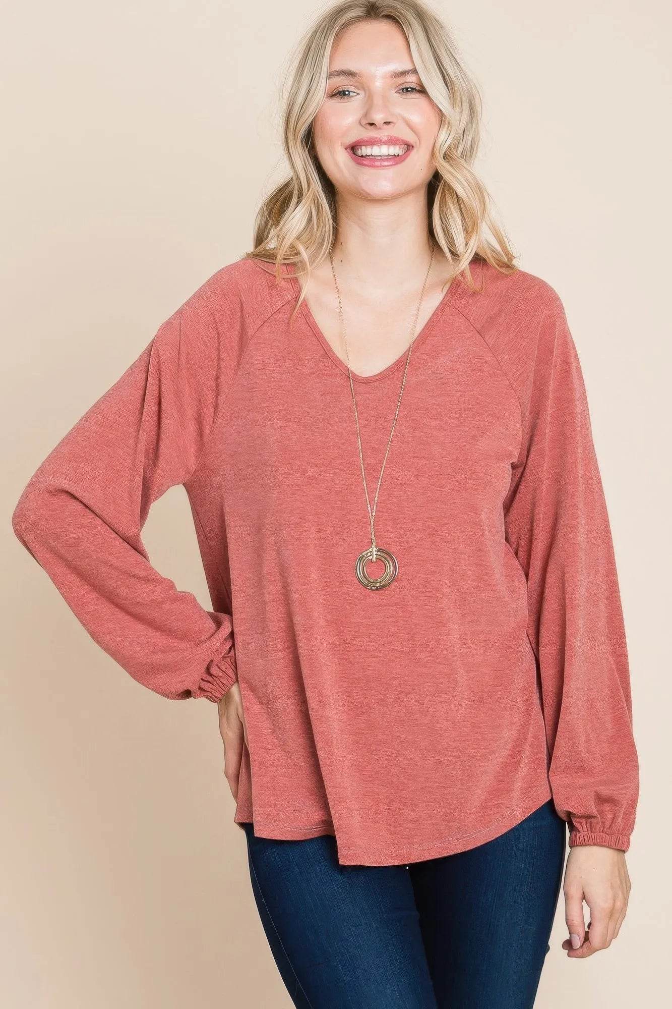 Casual V Neck Basic Long Sleeve Top - Bona Fide Fashion