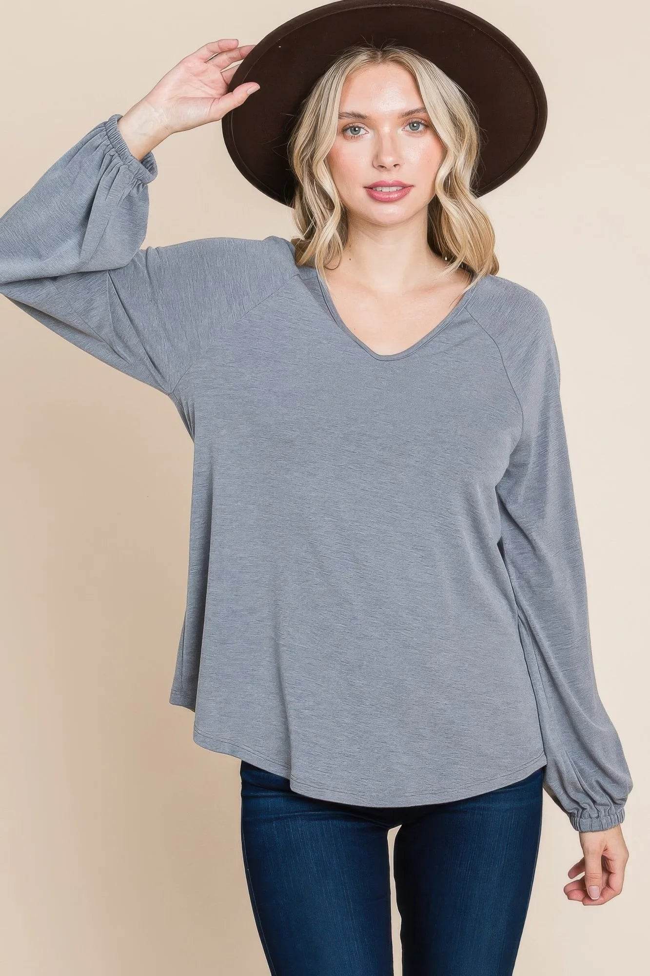 Casual V Neck Basic Long Sleeve Top - Bona Fide Fashion