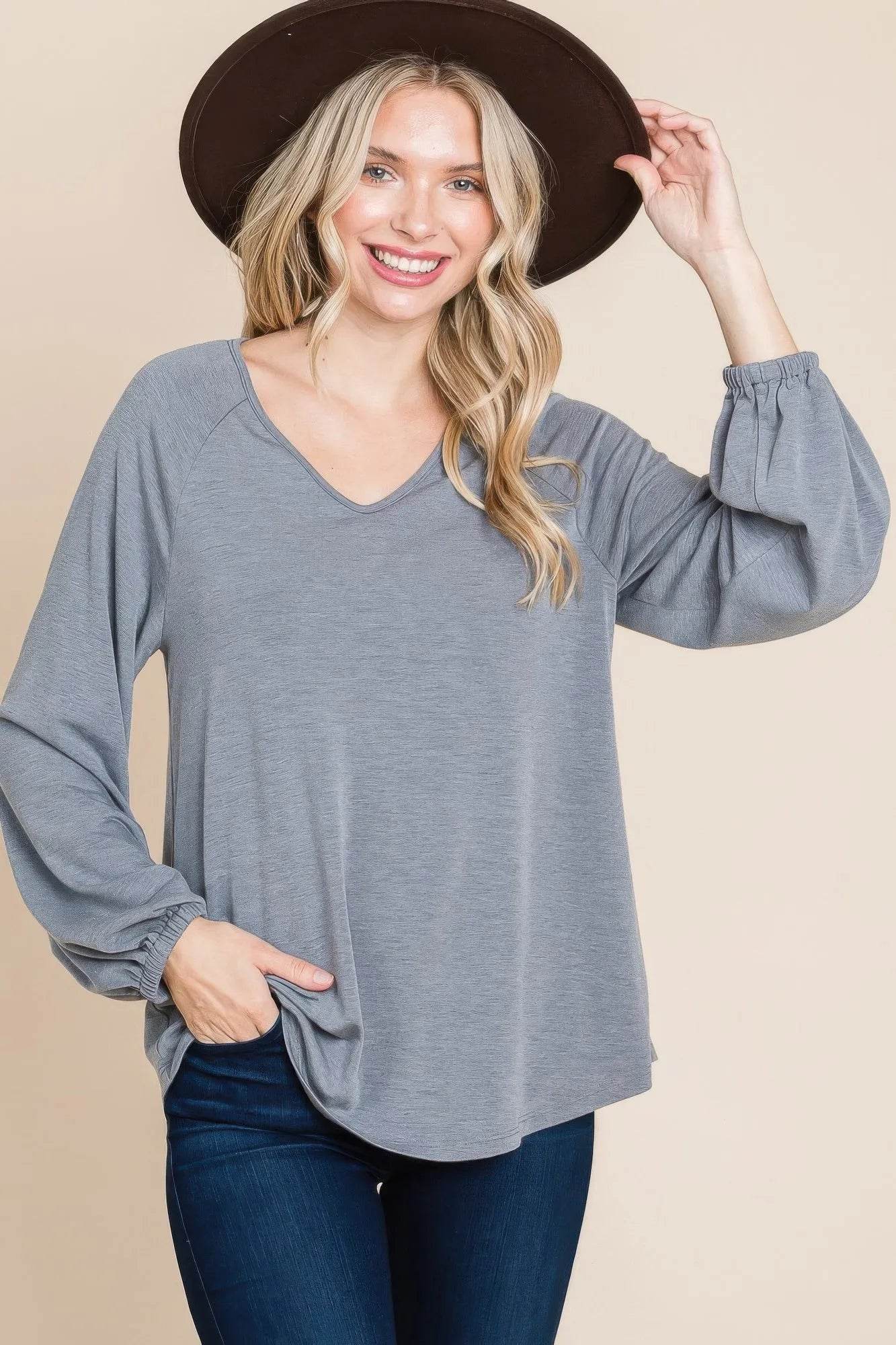 Casual V Neck Basic Long Sleeve Top - Bona Fide Fashion