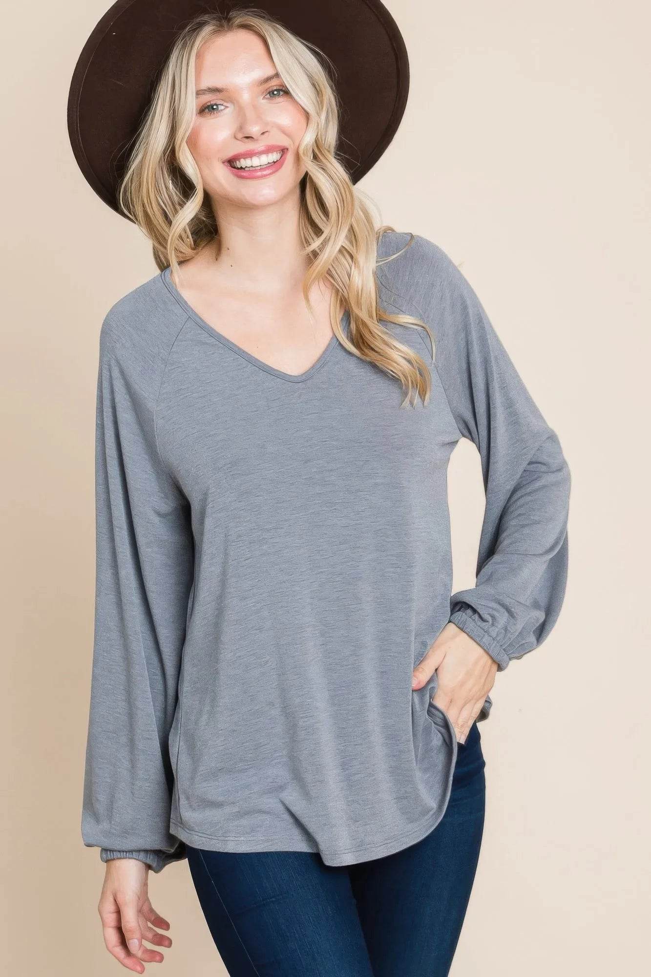 Casual V Neck Basic Long Sleeve Top - Bona Fide Fashion